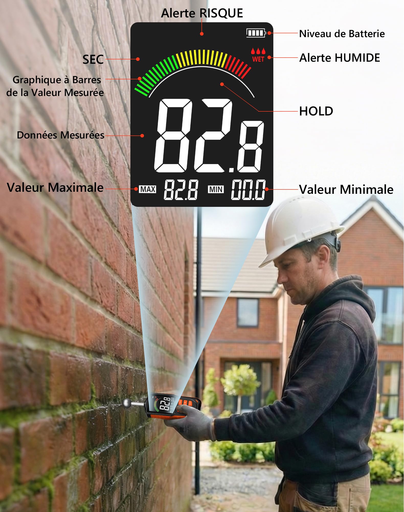 Humidimètre Mural avec Sonde Sphérique, Écran LCD Rétroéclairé, Alarme, Rechargeable USB, Profondeur 5-40 mm pour Bois, Murs et Béton