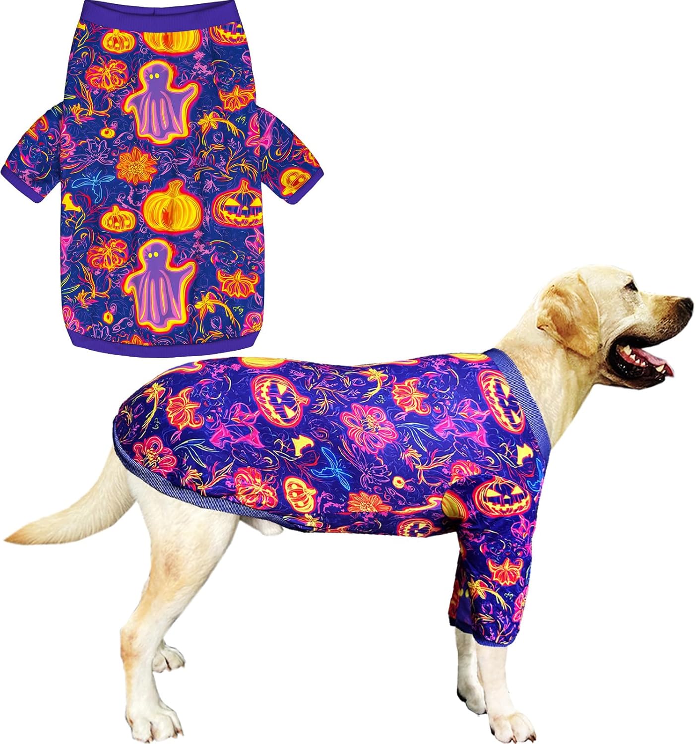 Dog Shirt for Large Dogs Neon Halloween Pumpkin Ghost Pajamas for Medium Large Dogs 2XL, Halloween