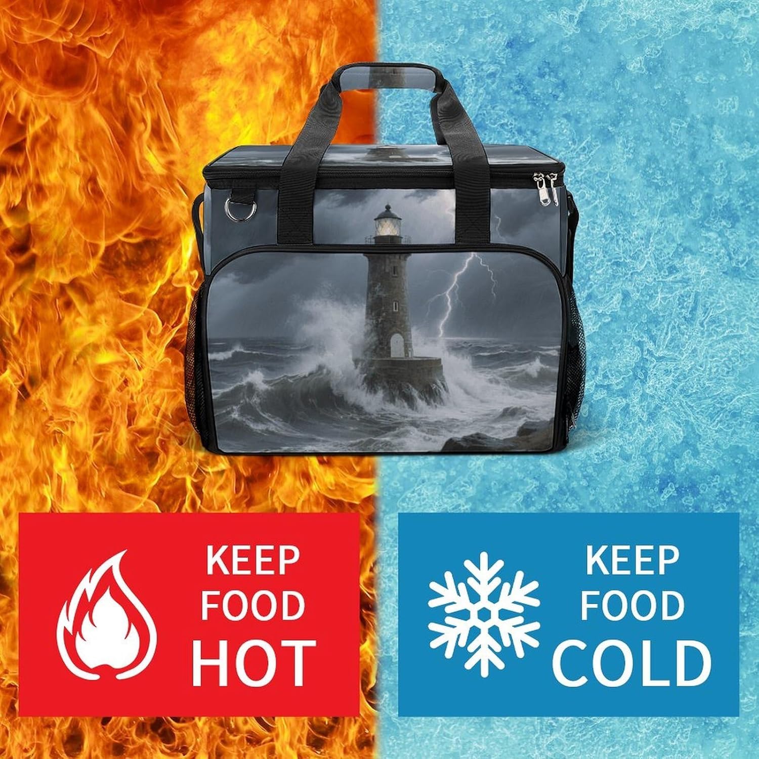 Insulated Picnic Backpack Tote Bag, Large Capacity 30L Lighthouse Cooler Bag Leakproof Beach Bags Portable Lunch Box Waterproof Picnic Basket for Beach Camping BBQ