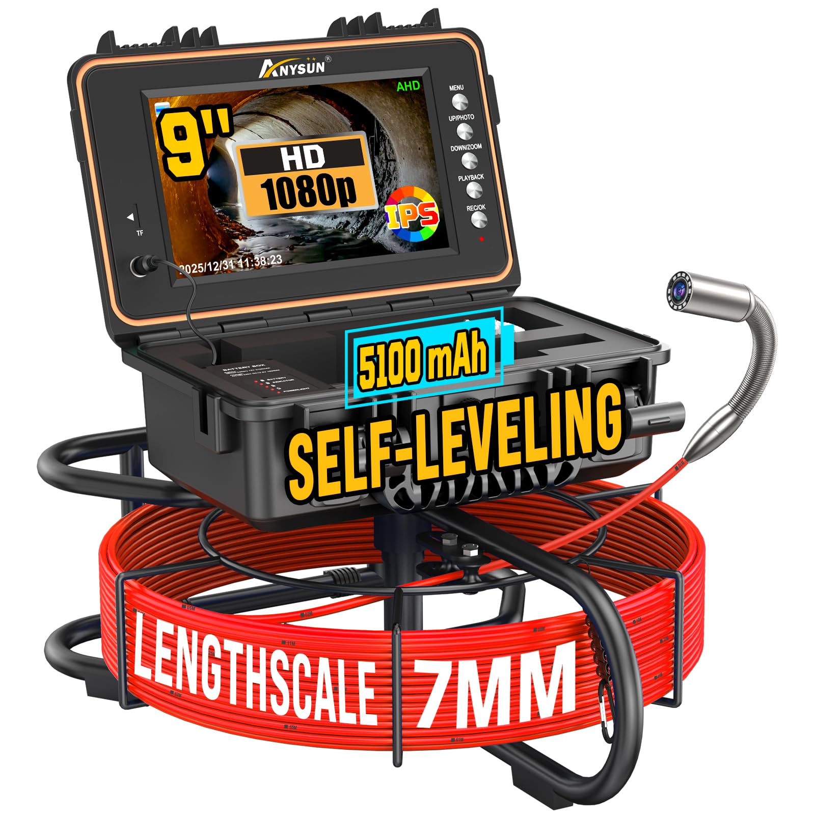 Anysun 9'' Sewer Camera Self Leveling, 7MM Fiberglass Cable, 5100mAh, DVR