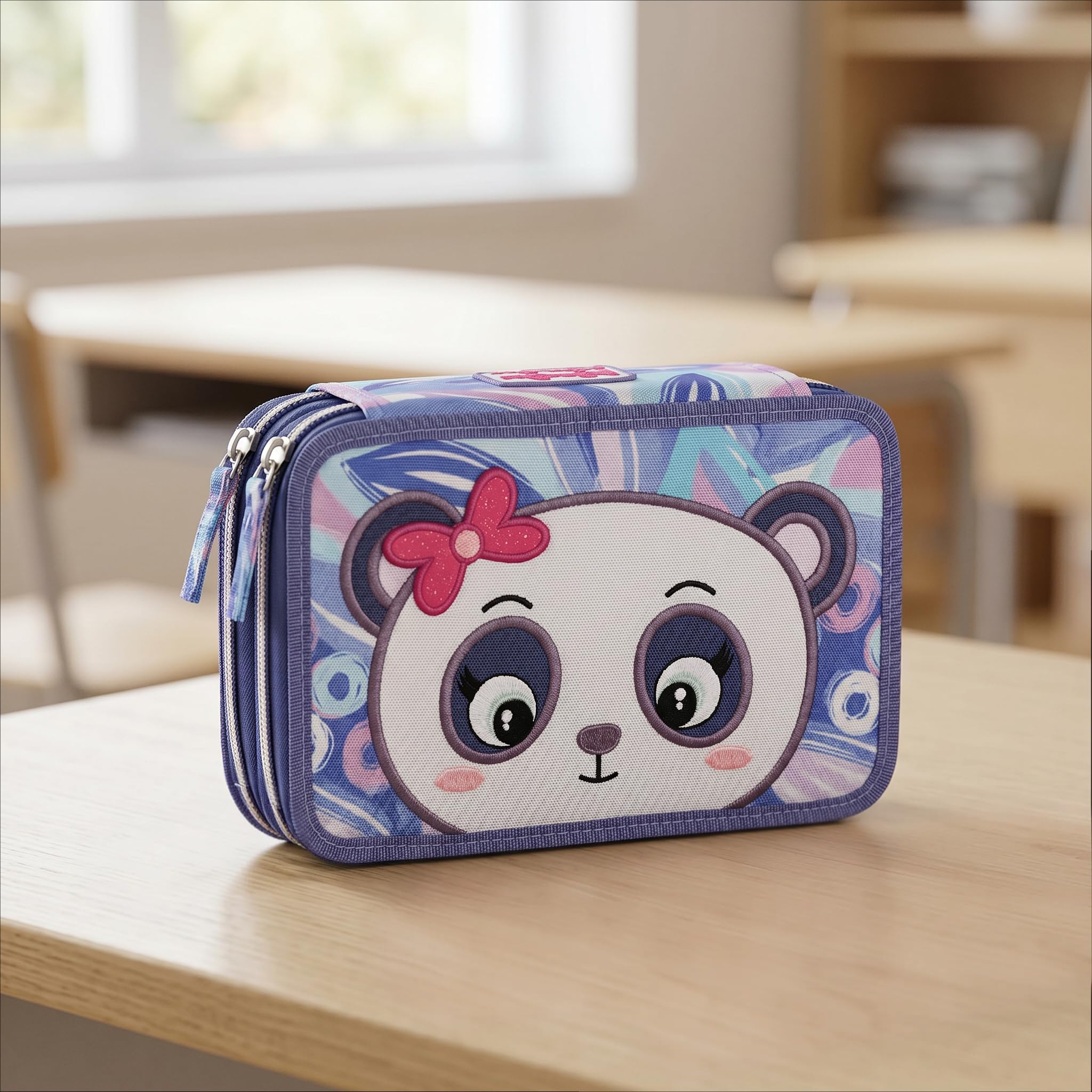 MOFU MOFU - Astuccio Scuola Ufficiale Mofu Mofu, Astuccio 3 Scomparti Bambina e Bambino con Set Cancelleria, Penne Cancellabili blu e rossa, e Pratica Chiusura a Zip, 20x13Hx7 cm