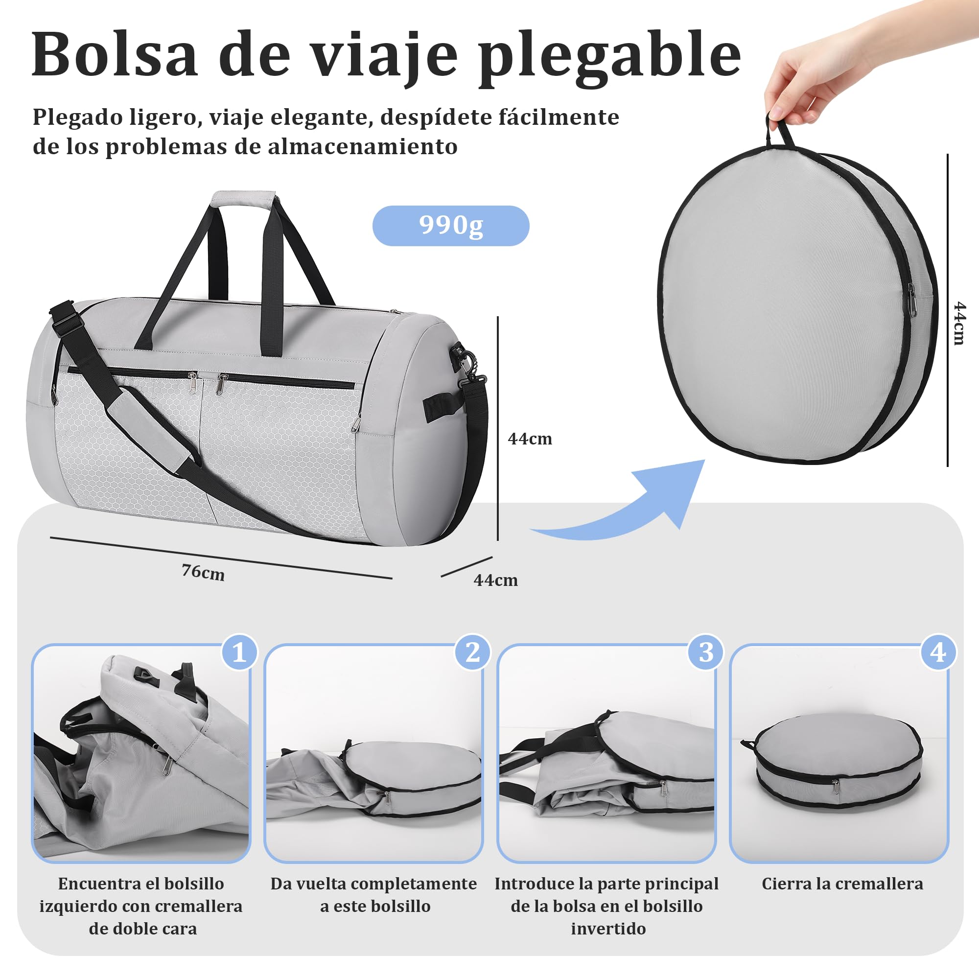 Bolsa de Viaje 120L Ligera y Plegable, Gran Capacidad, Gris Impermeable | Con Compartimento Zapatos Ventilado, Múltiples Bolsillos Portátil para Hombre y Mujer, Ideal para Gimnasio y Viaje