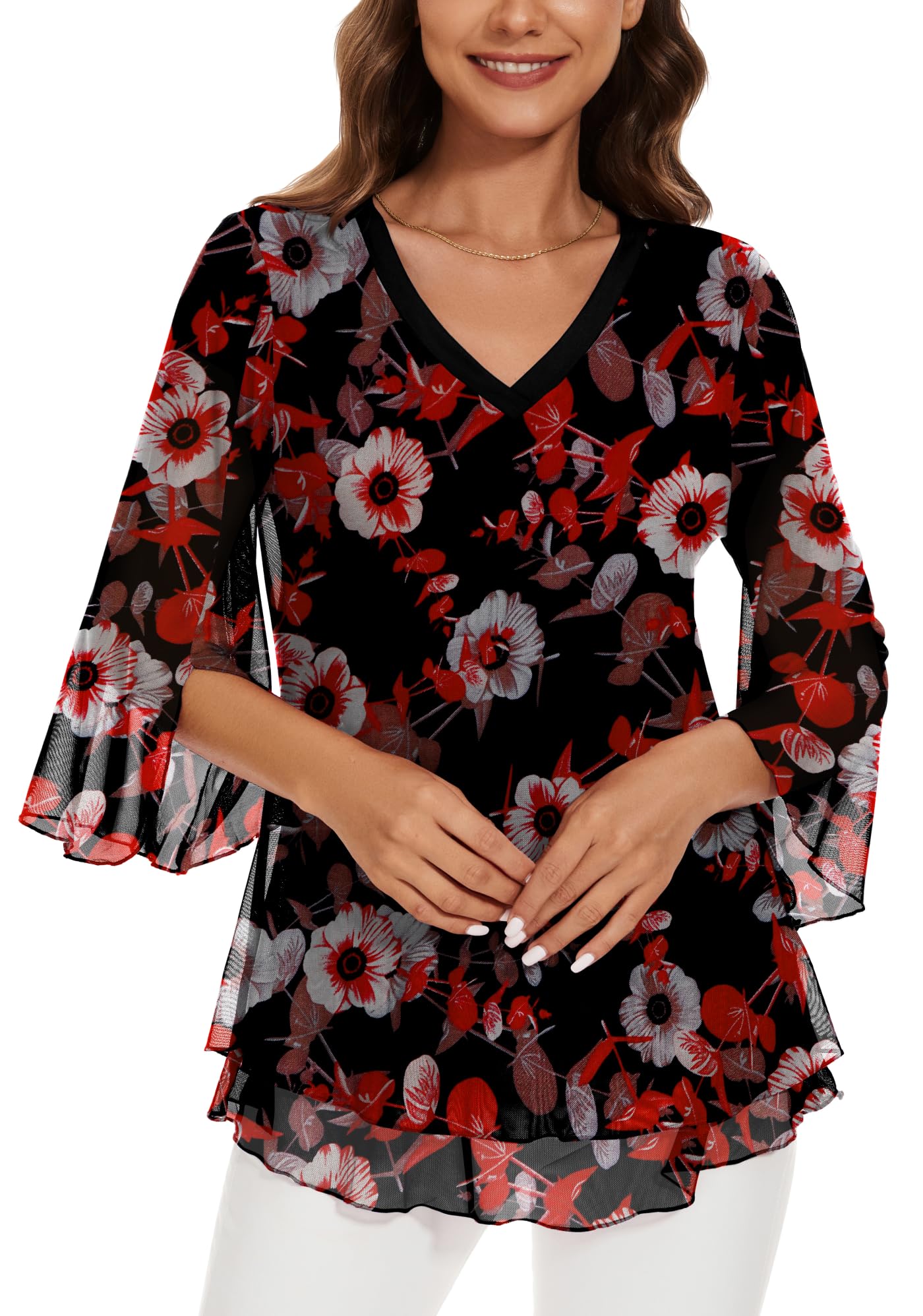 Actcat Damen Bluse Elegant 3/4 arm V-Ausschnitt Mesh Festliche Oberteil Blumen Doppellagige Tunika