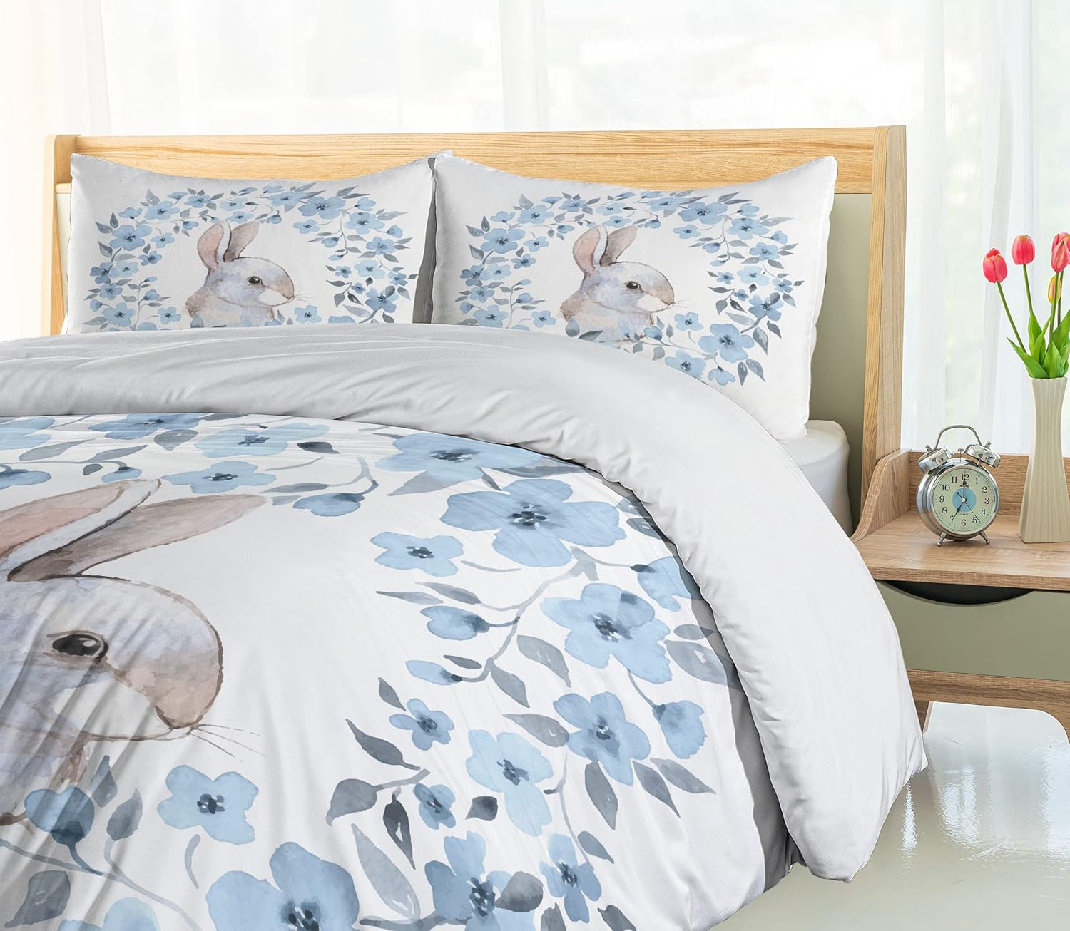 Ambesonne Watercolor Flower Duvet Cover Set, Bunny Rabbit Portrait in Floral Wreath Illustration Country Style, Decorative 3 Piece Bedding Set with 2 Pillow Shams, King Size, Blue Grey White