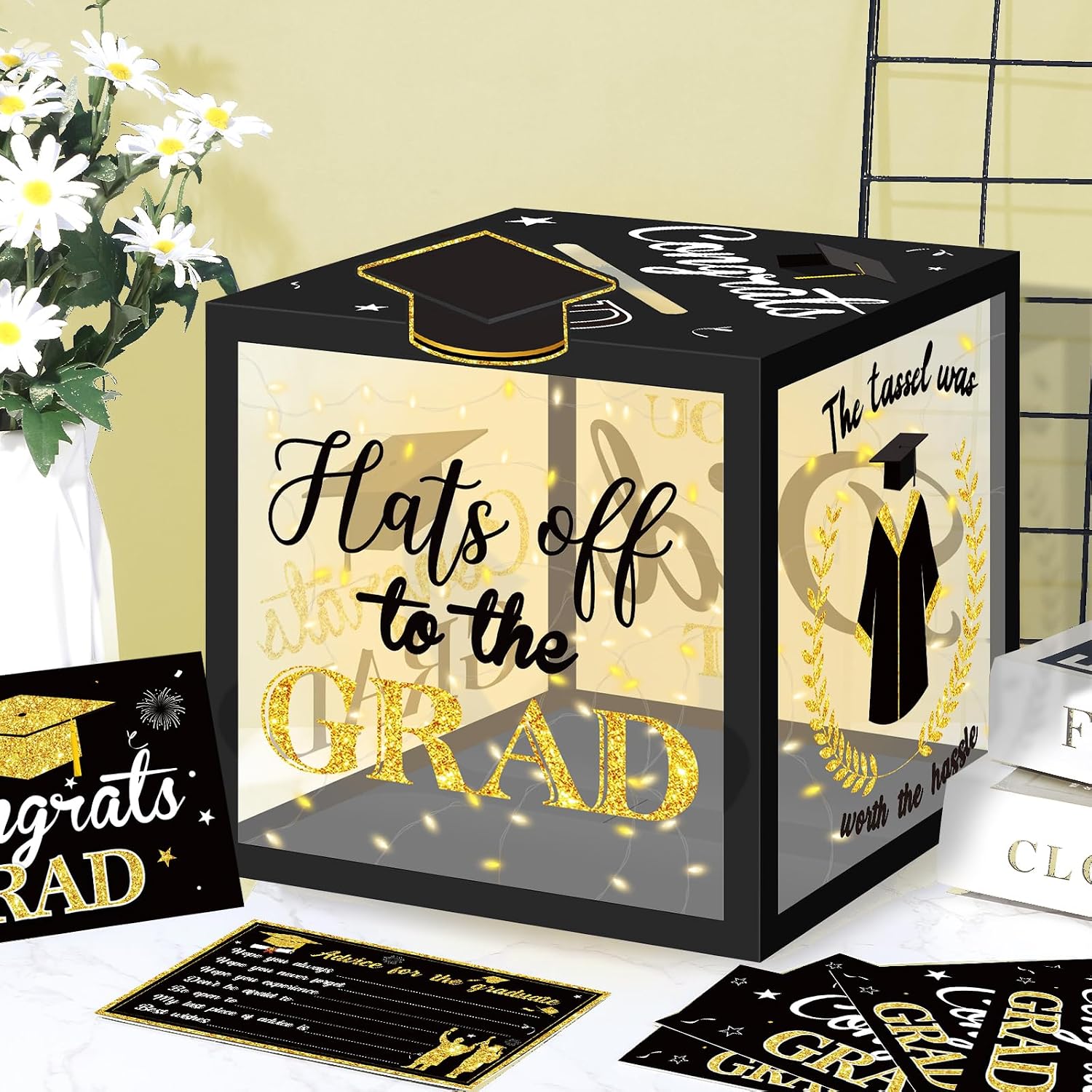 Yoirrat Class of 2026 Graduation Card Box with 30 Pcs Advice Cards, Black Gold Graduation Card Box Holder with LED Light Congrats Grad Gift Card Box for School College 2026 Graduation Party Decor