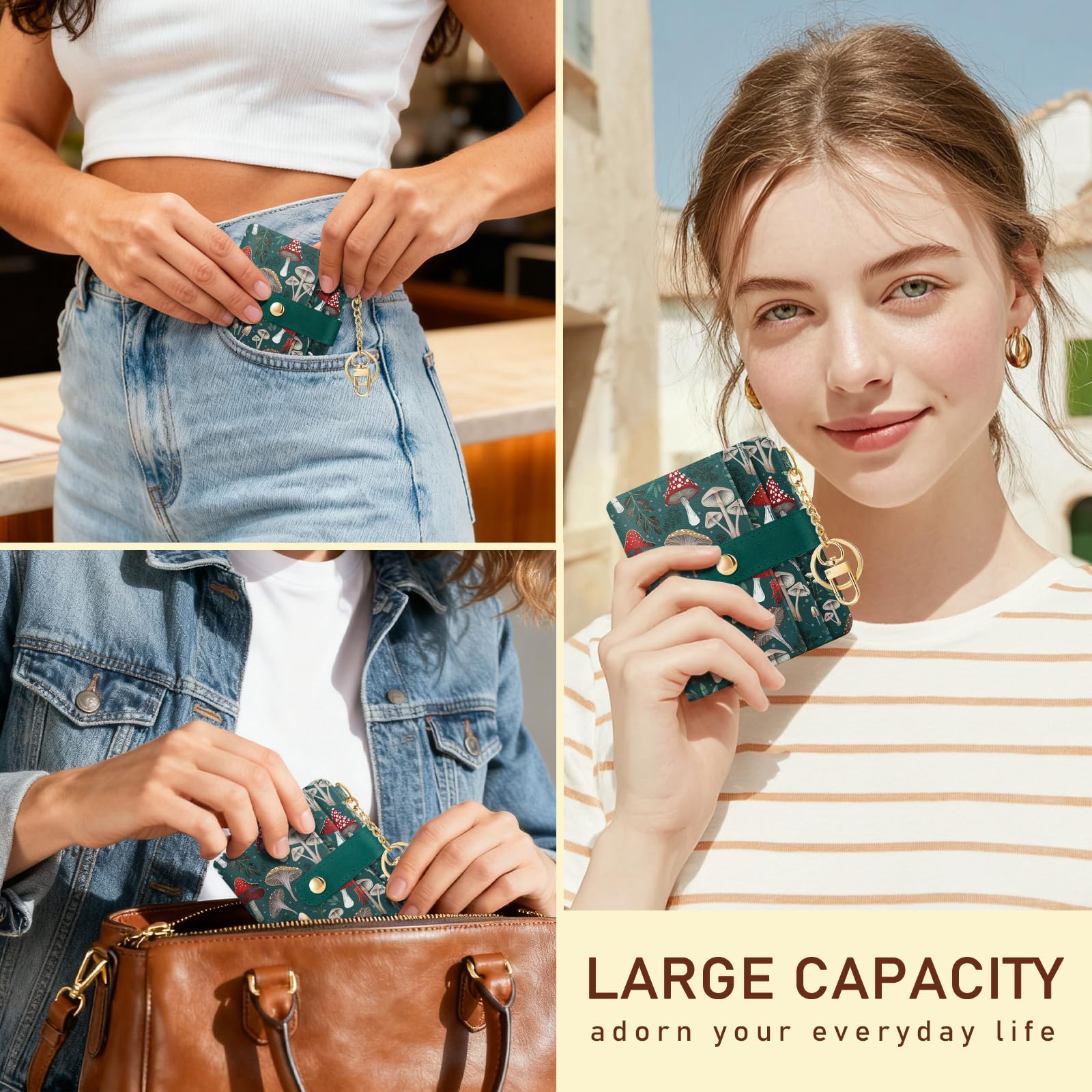 Jogjam  Rfid Ladies Wallet, Small Slim Thin Compact Credit Card Women Wallet, PU Leather Bifold Cash Zipper Coin Pocket ID Window for Female: Mushroom Green