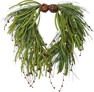 22 Inch Green Grapevine Front Door Wreath with Bells and Berries for Chr...