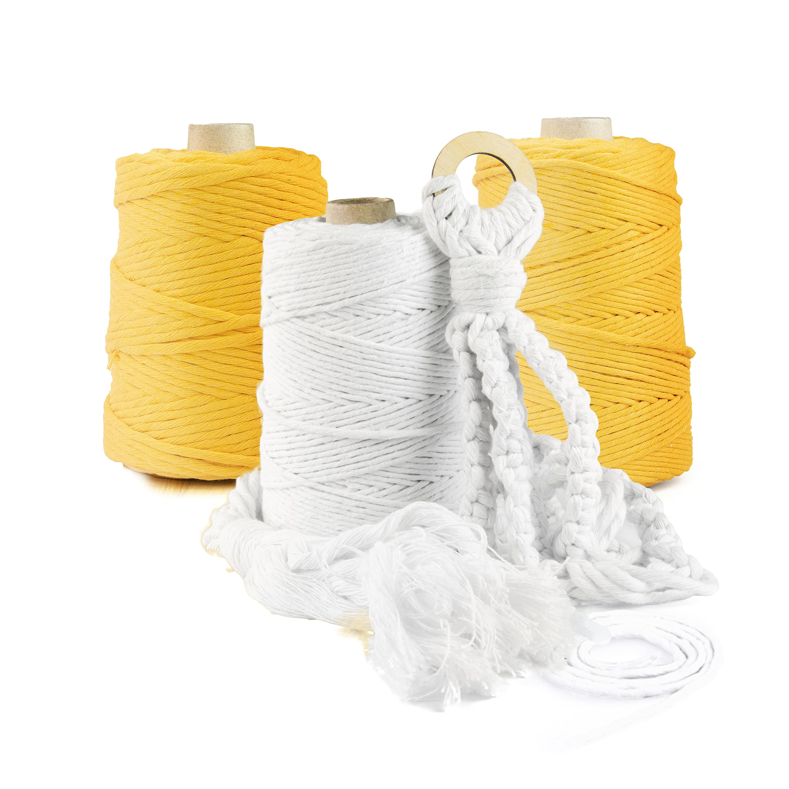 Hilo de macramé premium, 1000 m, 3 mm, amarillo, 100 % algodón, cordón natural, hilo de algodón, decoración artesanal