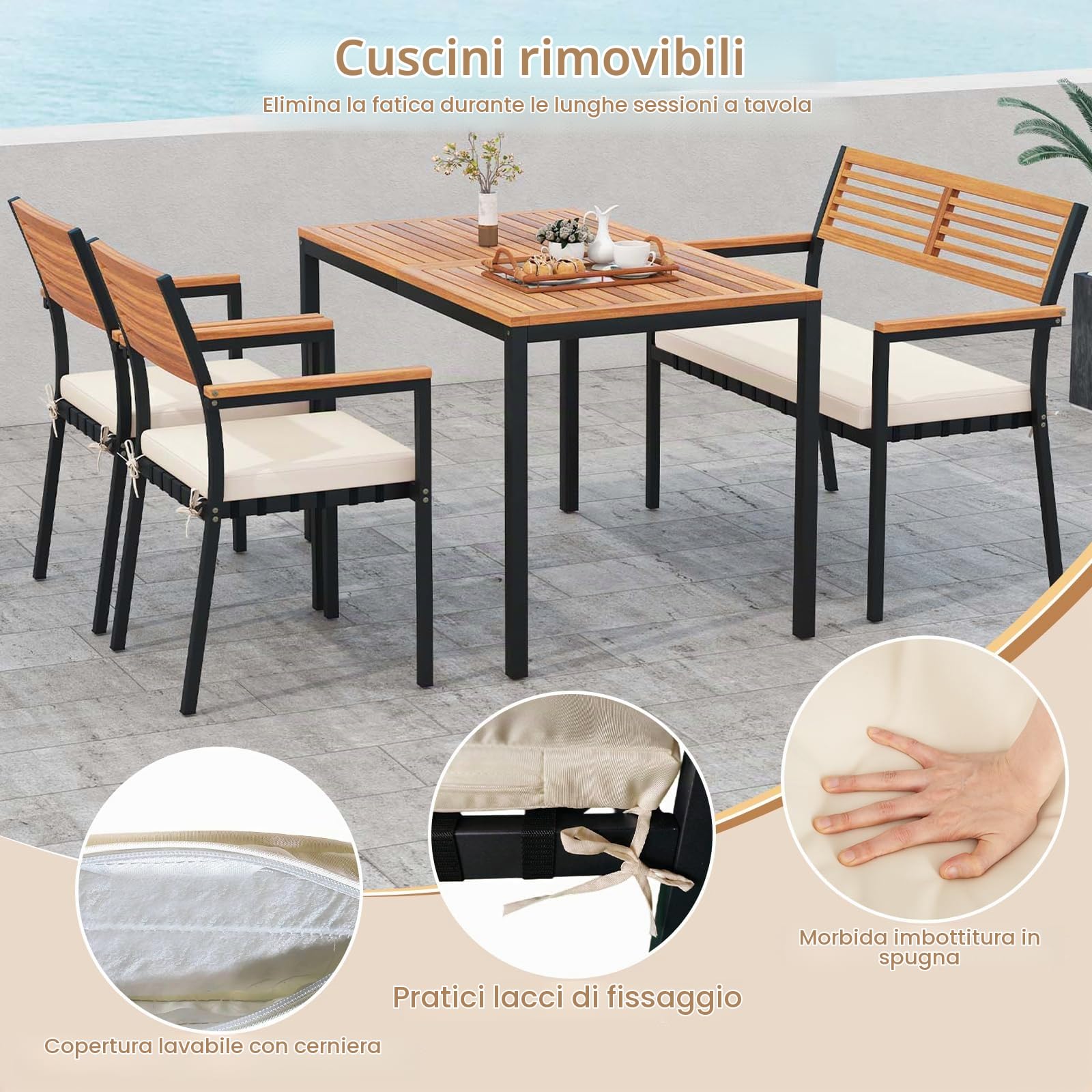 KOMFOTTEU Tavolo da Giardino con 2 Sedie e Panca con Foro per Ombrellone e Cuscino Morbid, Set Pranzo da Giardino Ergonomico in Legno di Acacia, Design Impilabile, Set Salotto per Esterno da Balcone