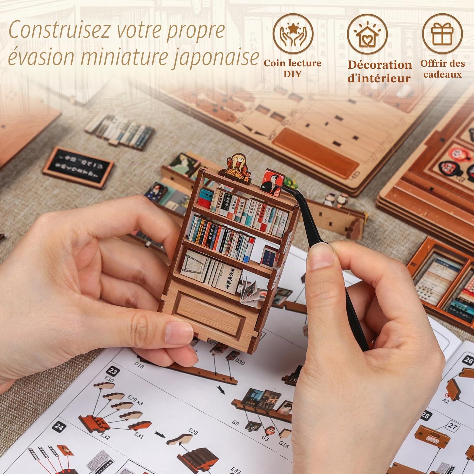 CUTEBEE Book Nook Kit, Maquette en Bois à Construire, Puzzle 3D Bois et Maison Miniature (Antique Bookery of Kyoto), Maquette 3D Serre Livre avec LED