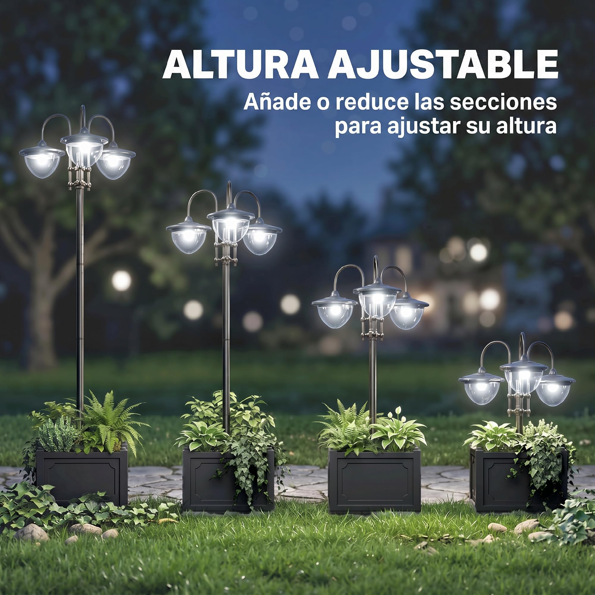 Outsunny Farol Solar de Jardín con 18 Luces LED Blanca Fría 6000K Impermeable IP44 Sensor de Noche y Base de Maceta Farola de Exterior para Camino Terraza Patio 60x55x189 cm Negro