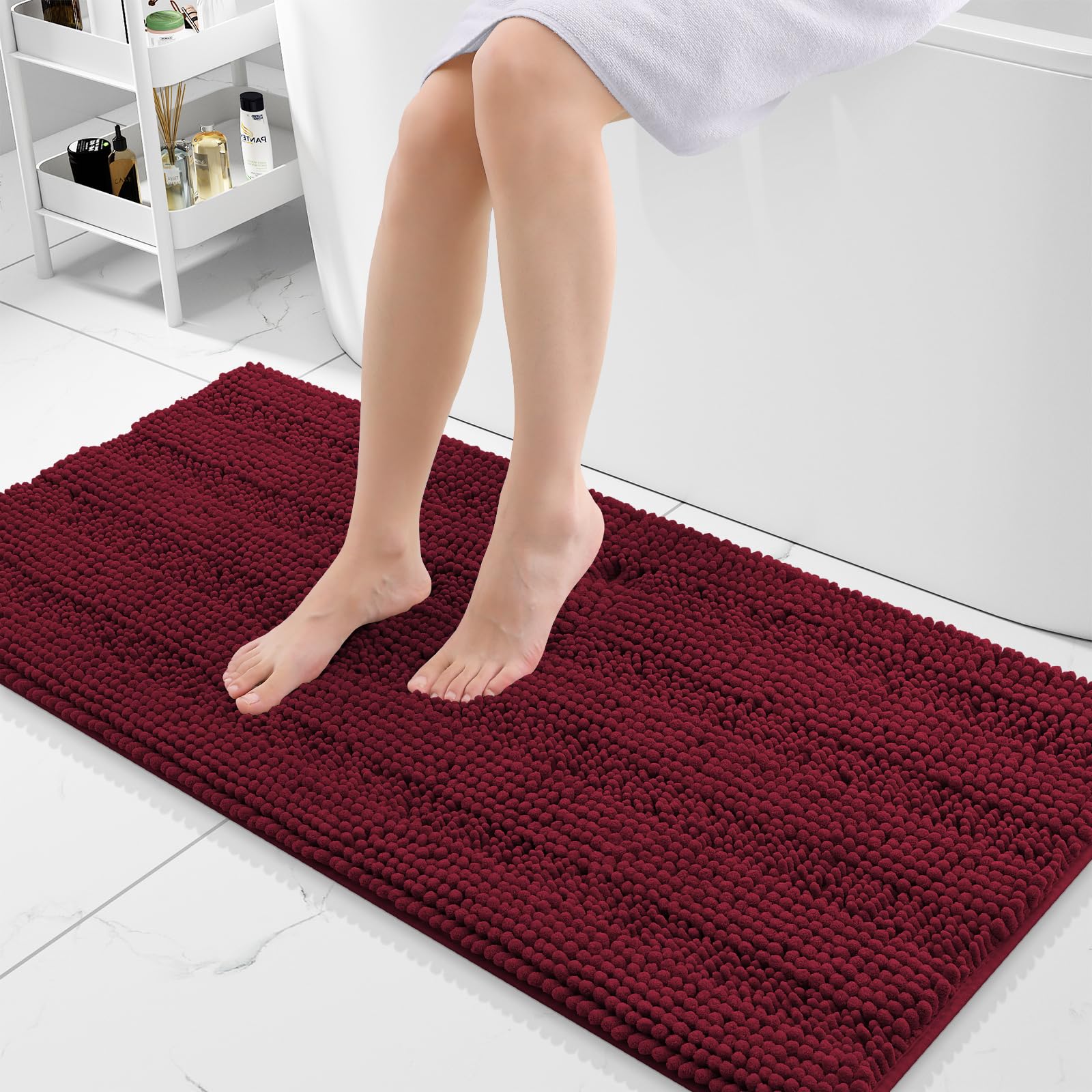 Grandaily Chenille Bathroom Rugs 47x20, Soft Absorbent Bath Mats, Burgundy
