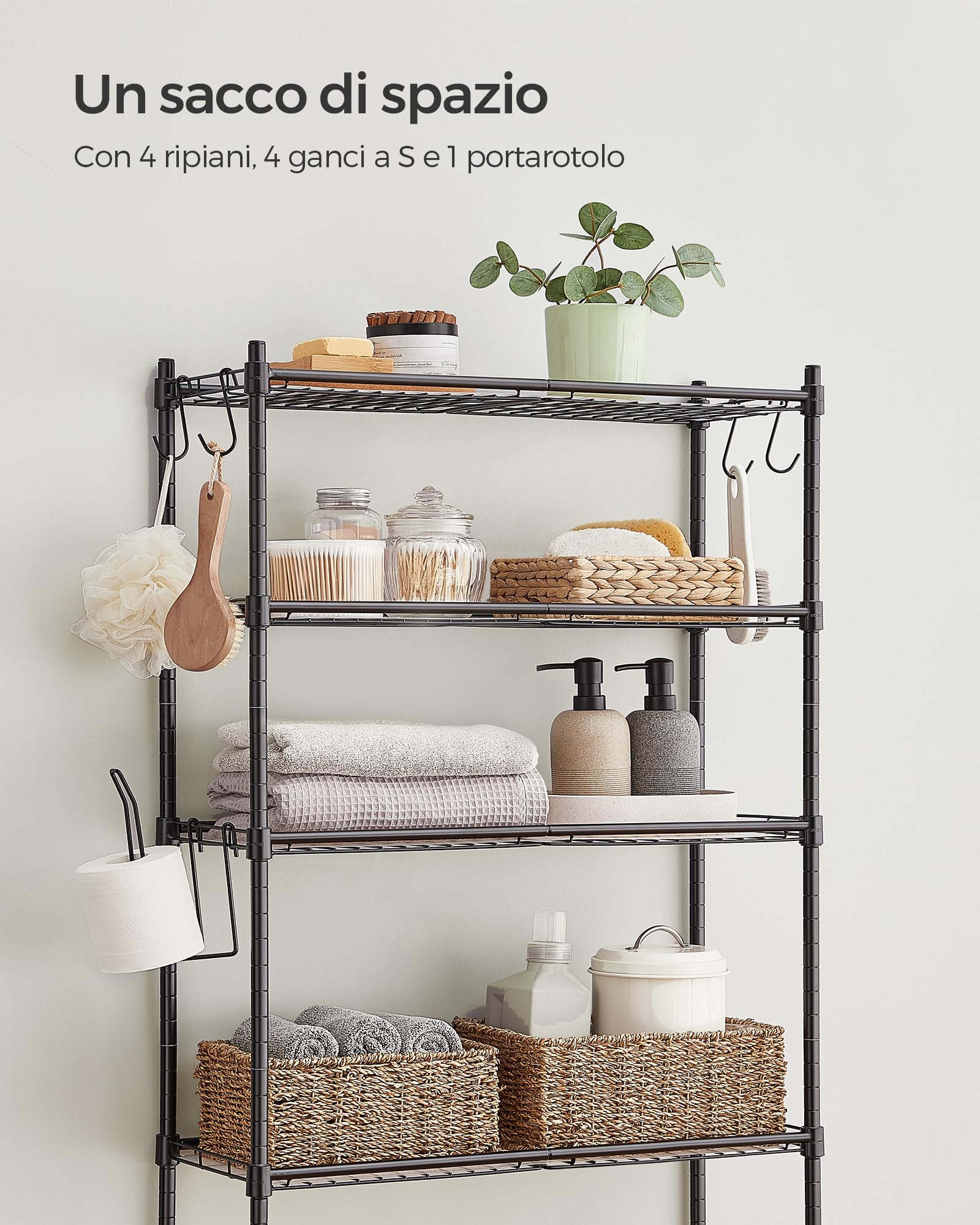SONGMICS Scaffale sopra WC a 4 Ripiani, Scaffale da Bagno in Metallo, Ripiani Regolabili, con 4 Ganci e Portarotolo, Salvaspazio, 30 x 63 x 176 cm, Nero BTS013B01