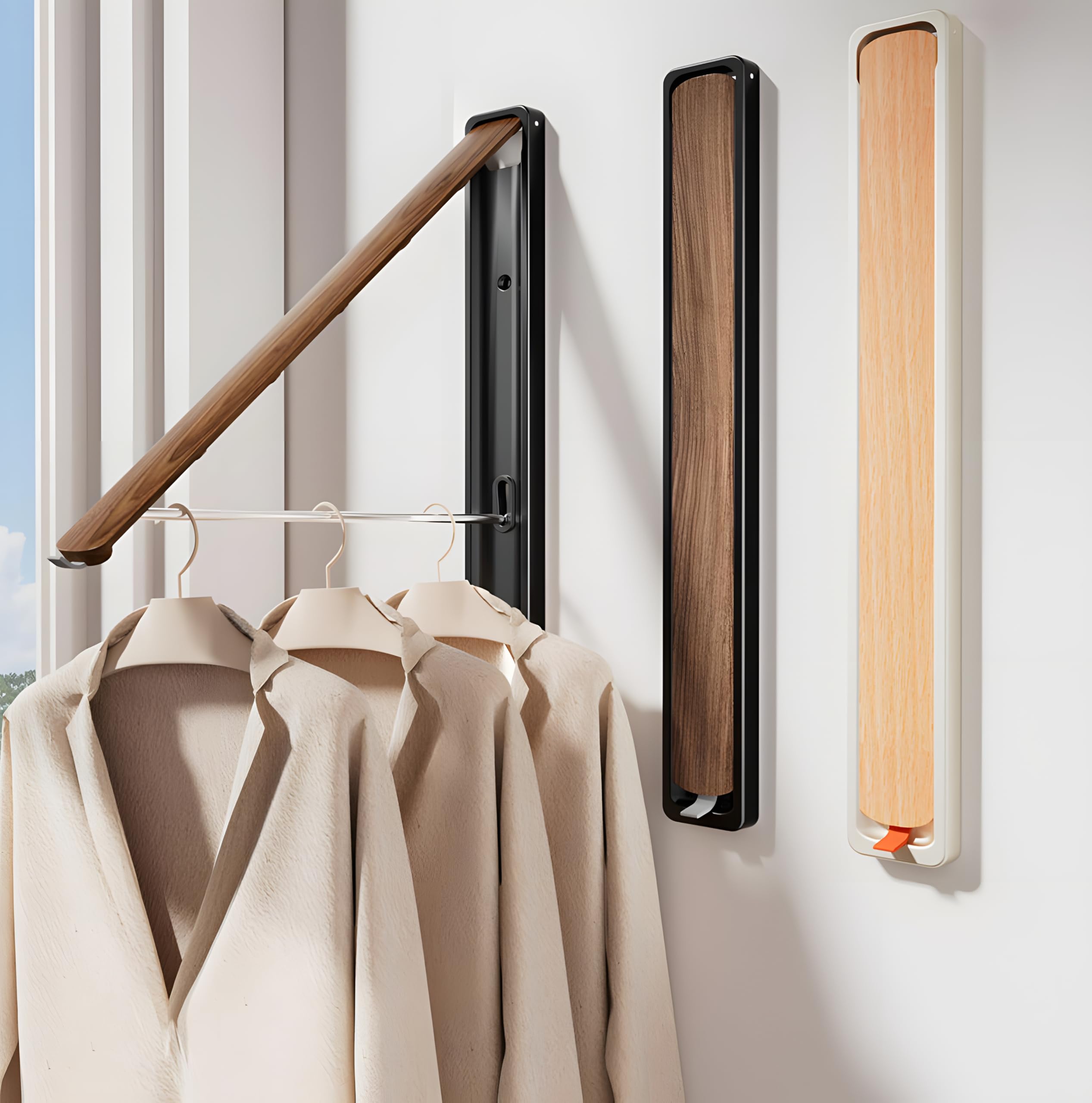 Klappbare Kleiderstange Wandmontage Aluminium – Ausziehbare Garderobe Kleiderhaken, Platzsparend, Modernes Design in Walnuss-Optik oder Buche-Optik (Weiß)