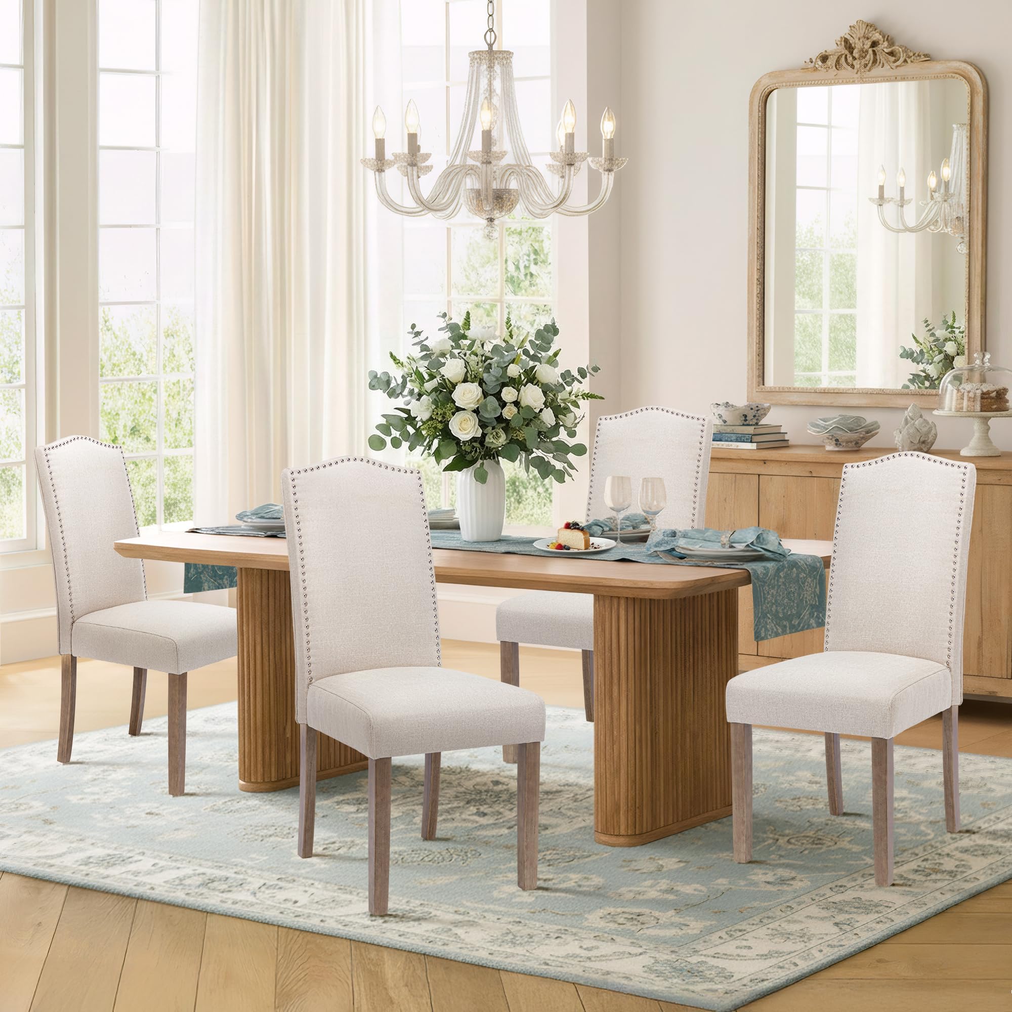 Upholstered Dining Chair Modern Stylish Parsons Kitchen Diner High Back with Silver Nailhead Trim & Wood Legs, Set of 4, Fabric Beige