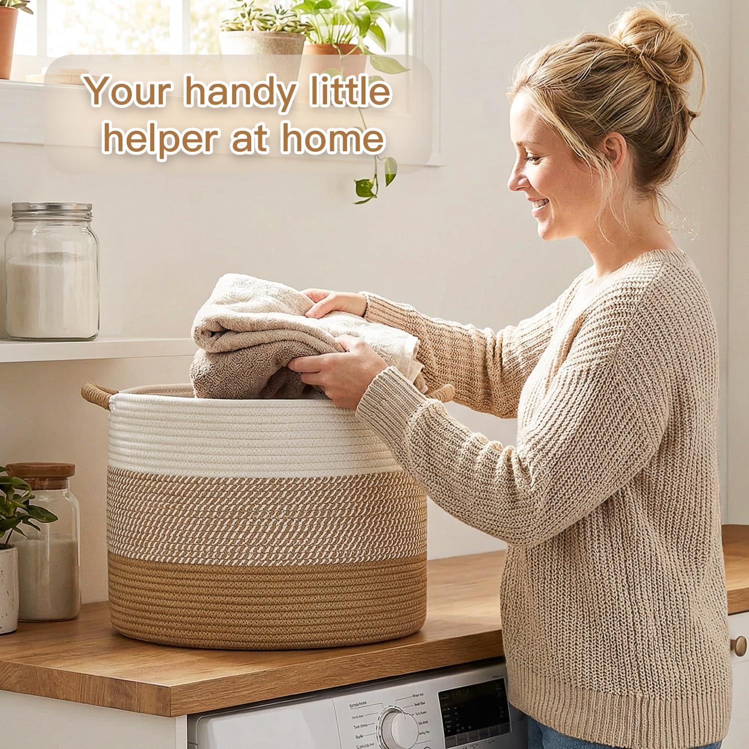 Artfeel Cesta grande de cuerda de algodón de 70 L decorativa, almacenamiento de fieltro tejido para sala de estar, almacenamiento de juguetes boho y caja de juguetes para niños, cesta de lavandería