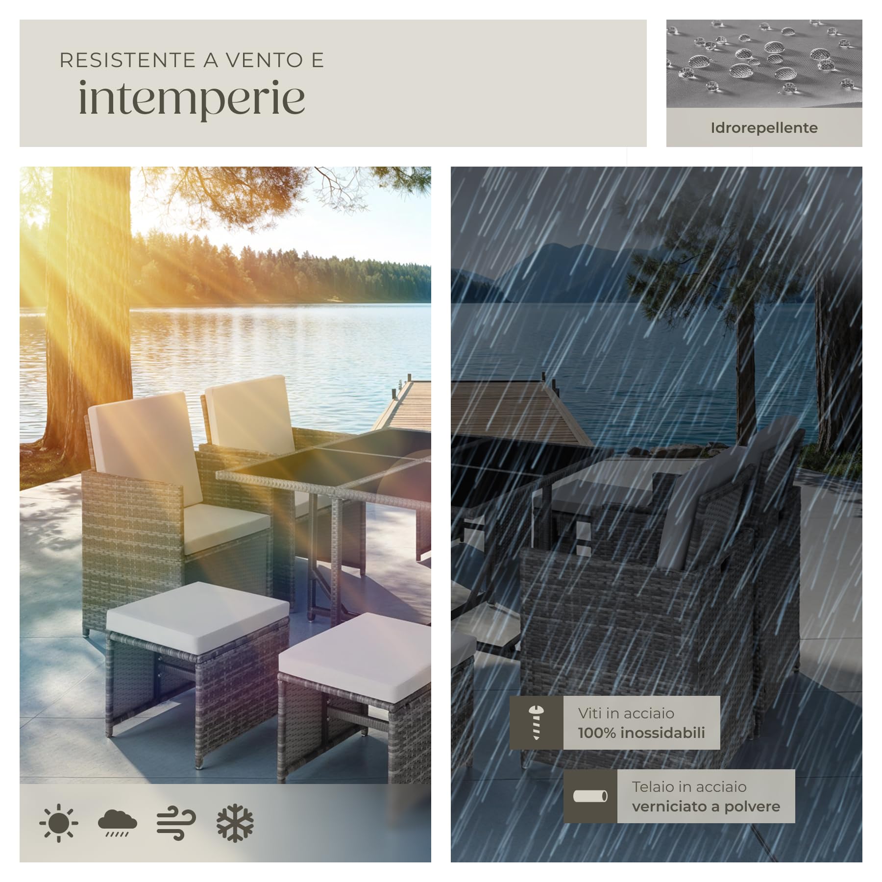 Set Mobili Rattan Bilbao 4 Sedie 4 Sgabelli Tavolo Acciaio Poly Rattan Giardino Terrazzo Grigio
