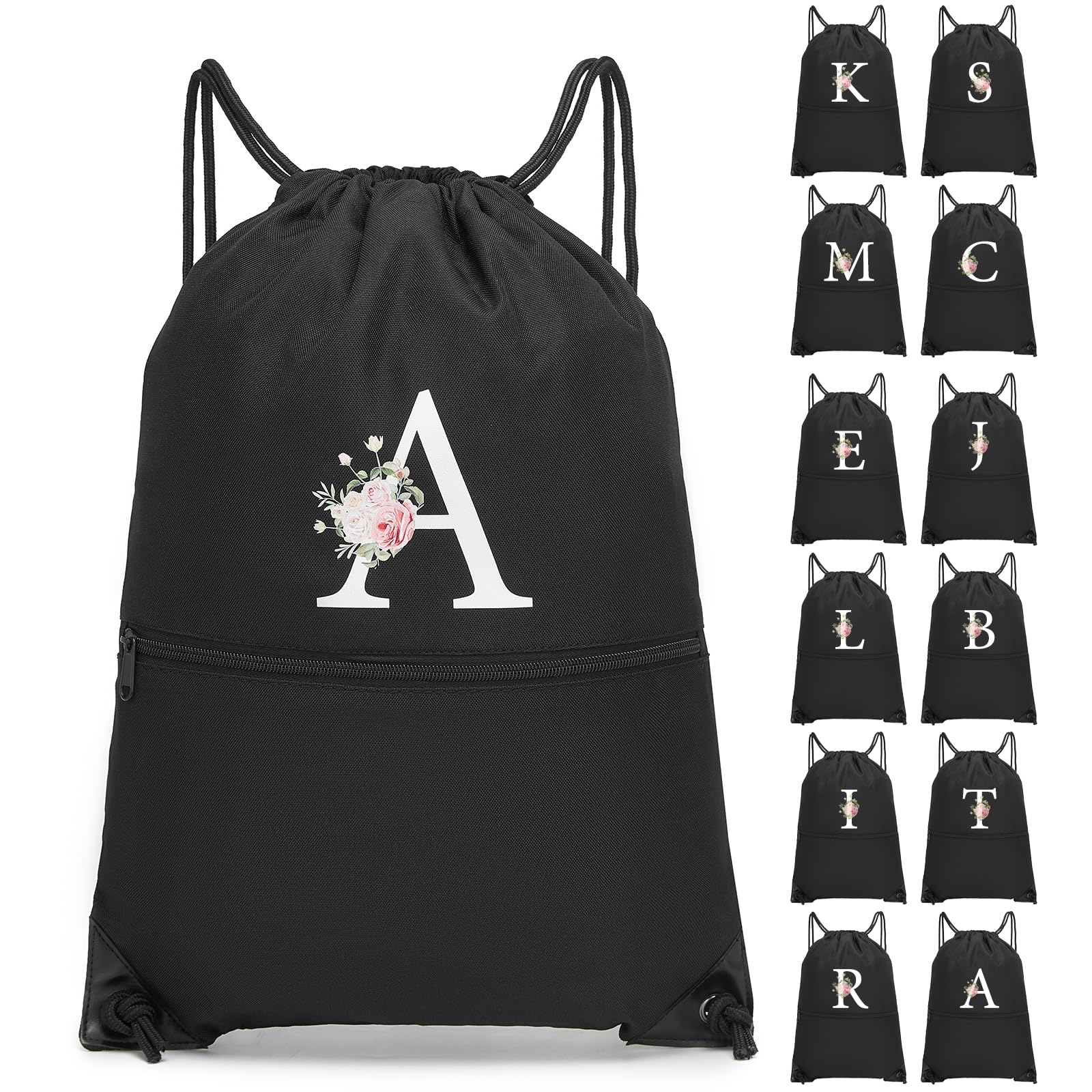 Drawstring Backpack, Personalized Initial Design Drawstring Bags Water Resistant String Bag for Women Men Gym Backpack Track Bag Sackpack Cinch Bags