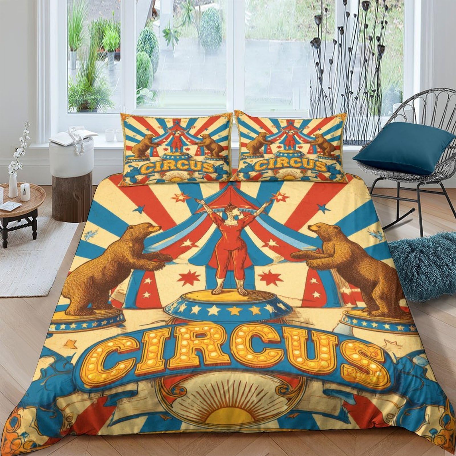 Ctjqhvkz Style-9 3D Printed Vintage Circus Fitted Sheet Microfiber Soft Bear Ringmaster Bed Cover For Bedroom Guest Room Decor Single（135X200cm）