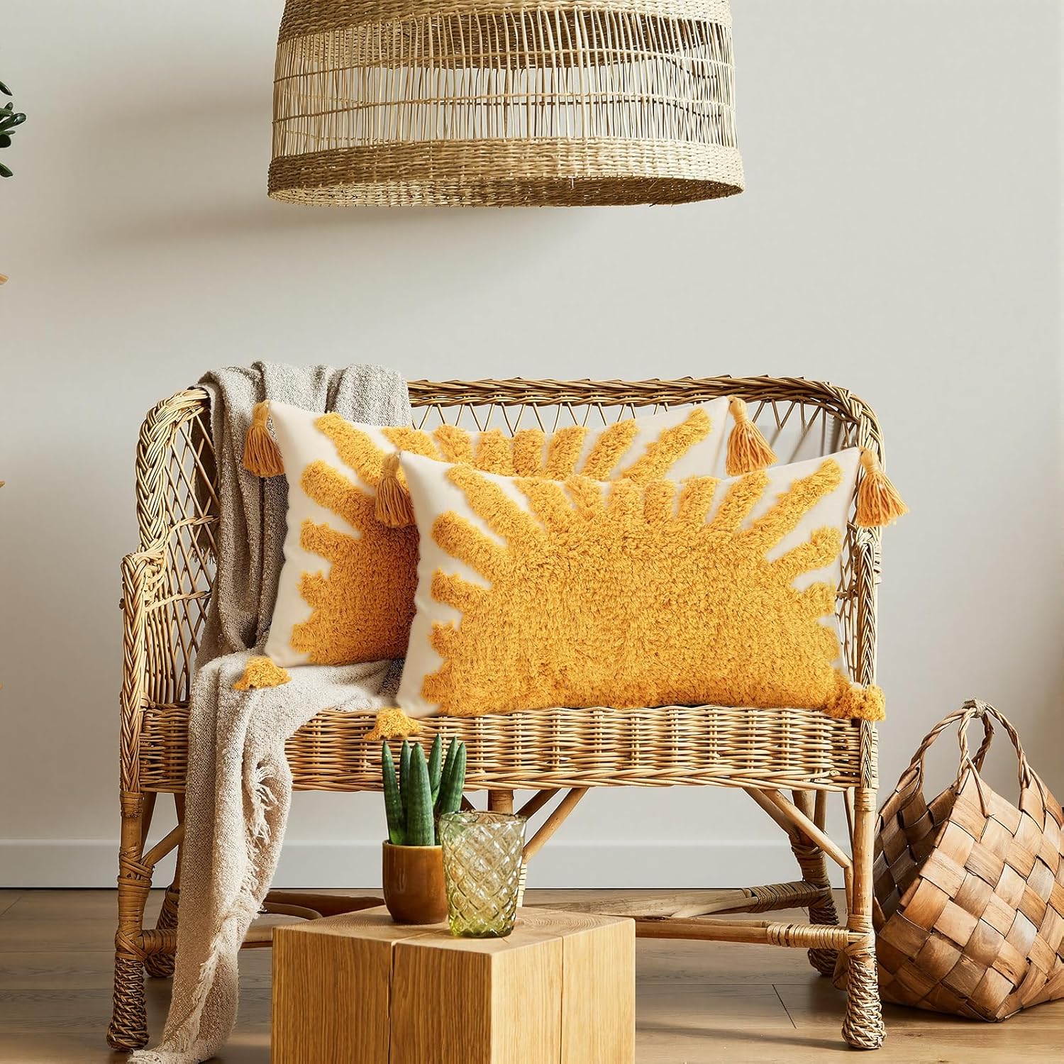 2 Pcs Boho Velvet Pillow Covers with Tassels 12 x 20 Inch 3D Tufted Sun Embroidery Sunshine Decorative Throw Cushion Case for Bedroom Sofa Living Room Couch Rustic Farmhouse Home Decor