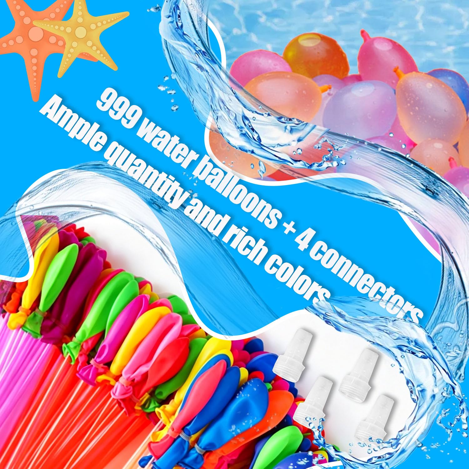 999 Stück Wasserbomben Selbstschließend,Wasserbomben Wiederverwendbar Bunte mit 4 Wasserhahn Anschluss,60 Schnellfüller,Ohne Manuelles Verknoten,Wasserballons für Strände,Poolparty