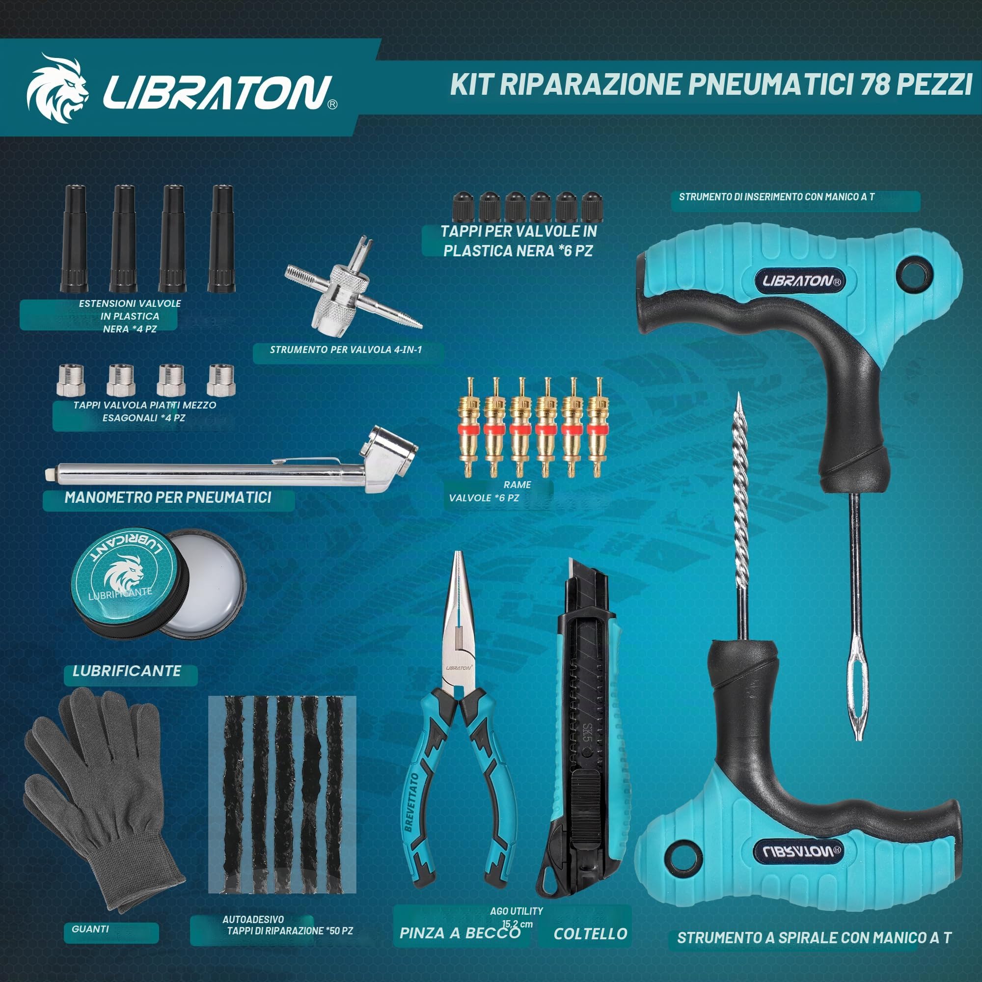 Libraton kit Riparazione Pneumatici Auto, Kit Riparazione Gomme Professionale e Robusto per Fori e Puncture, Kit Tozze per Pneumatici Tubeless per Auto, Moto, ATV, SUV, Camion, Trattore, Rimorchio