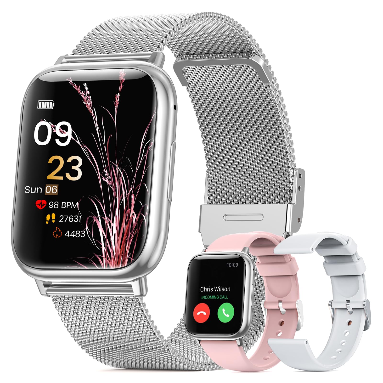 Smartwatch Donna con Chiamate Bluetooth, 1,83” Smart Watch 107+ Sportive con SpO2/Ciclo Mestruale/Frequenza Cardiaca/Monitoraggio Sonno/Impermeabile IP68 FitnessTracker per iOS Android (Argento)