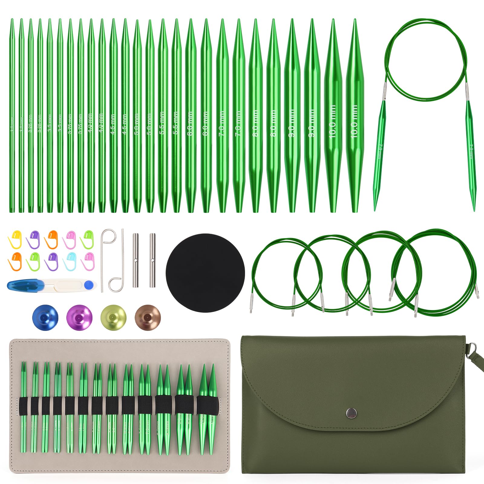 Aeelike Austauschbares Rundstricknadel-Set, Rundstricknadel-Set mit Etui und Zubehör, 13 Paar 3 mm-10 mm austauschbare Stricknadeln Metall, Strickset für Anfänger und Erwachsene