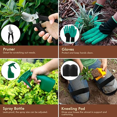 Miniatura 5 de YAUNGEL - Juego de herramientas de jardinería de acero inoxidable resistente, herramientas de mano con mango de madera, bolsa de almacenamiento,