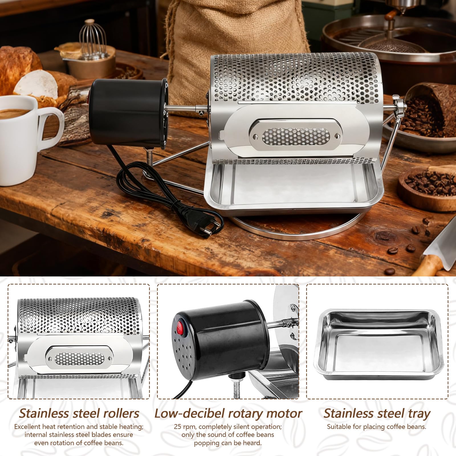 Torréfacteur à Café électrique, Entièrement Automatique Pour Usage Domestique Et Professionnel Torréfacteur à Tambour Avec Fenêtre De Visualisation Plateau En Acier Inoxydable Capacité De 250g