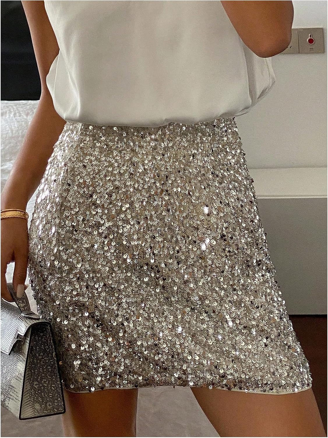 RoseSeek Women's Sequin Skirt Sparkle Bodycon Mini Skirt High Waisted A Line Party Skirts