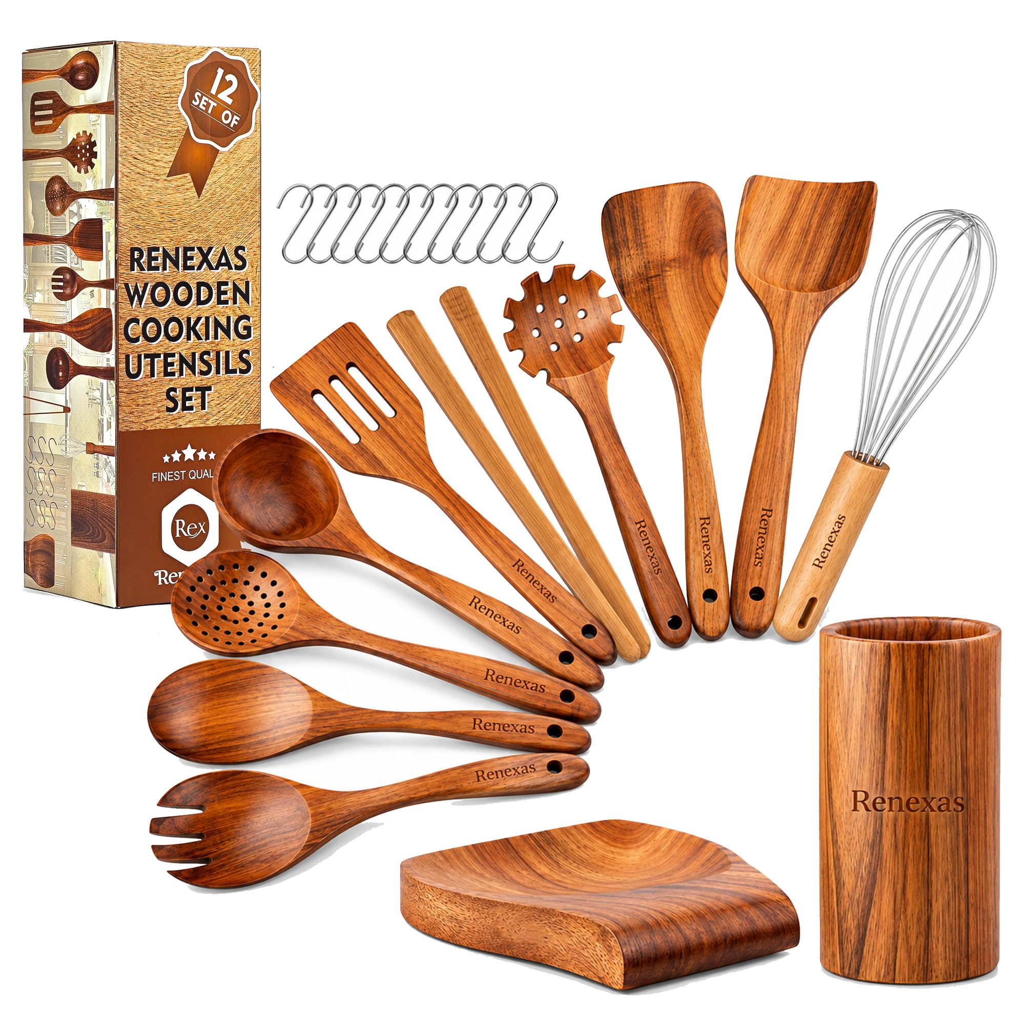 Renexas Kitchen Utensils Set, 12 Piece Teak Wooden Utensil Set