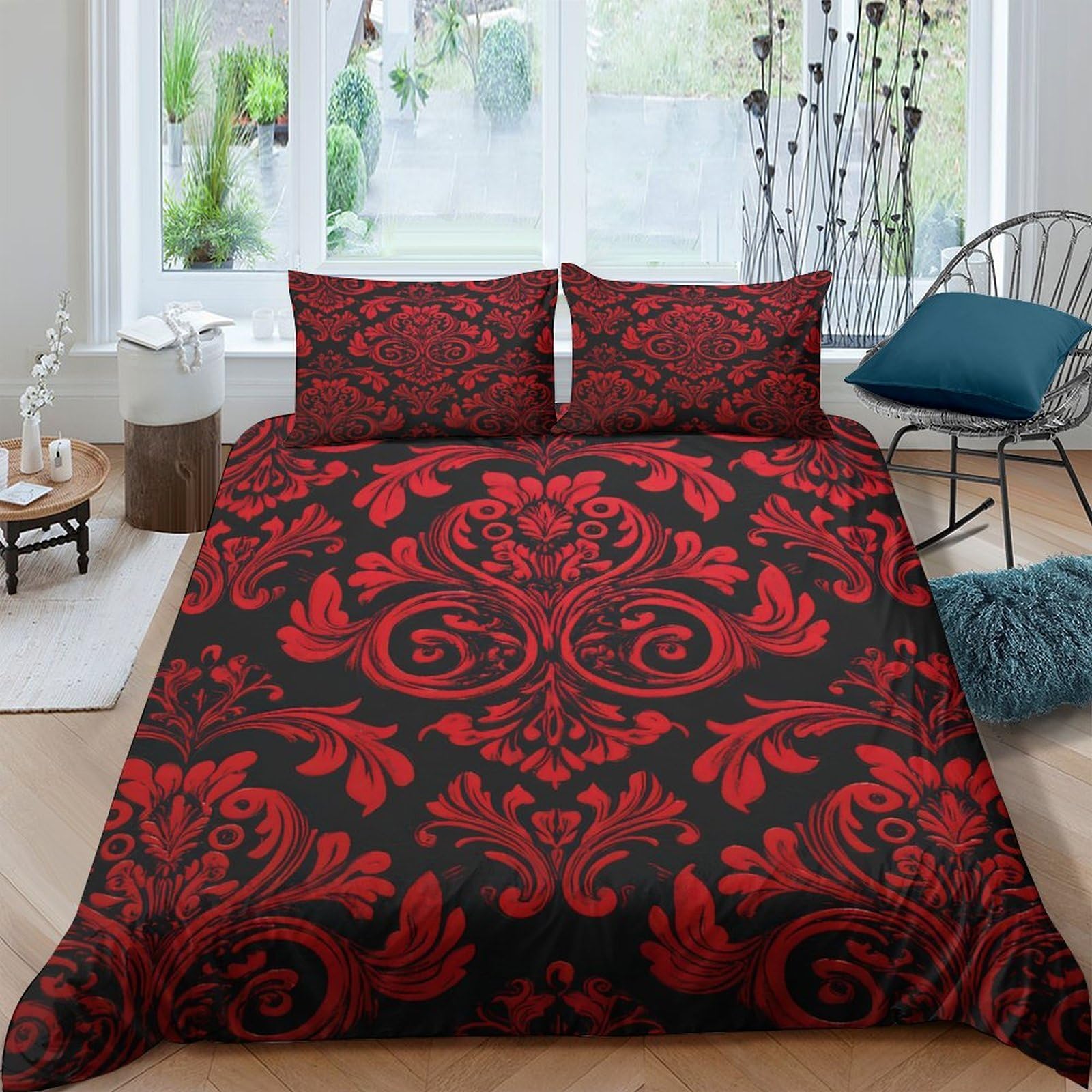 Ctjqhvkz Style-1 3D Printed Baroque Floral Fitted Sheet Microfiber Soft Red Black Mattress Cover For Bedroom Guest Room Decor Single（135X200cm）