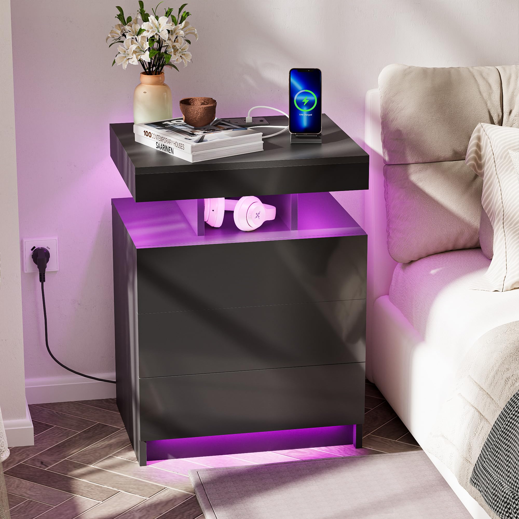 Ztexkee Gloss Bedside Table with Power Socket 50x40x68 cm Big Nightstand with RGB light End Table 3 drawers Large Side Table for Bedroom Living Room Black — image 1