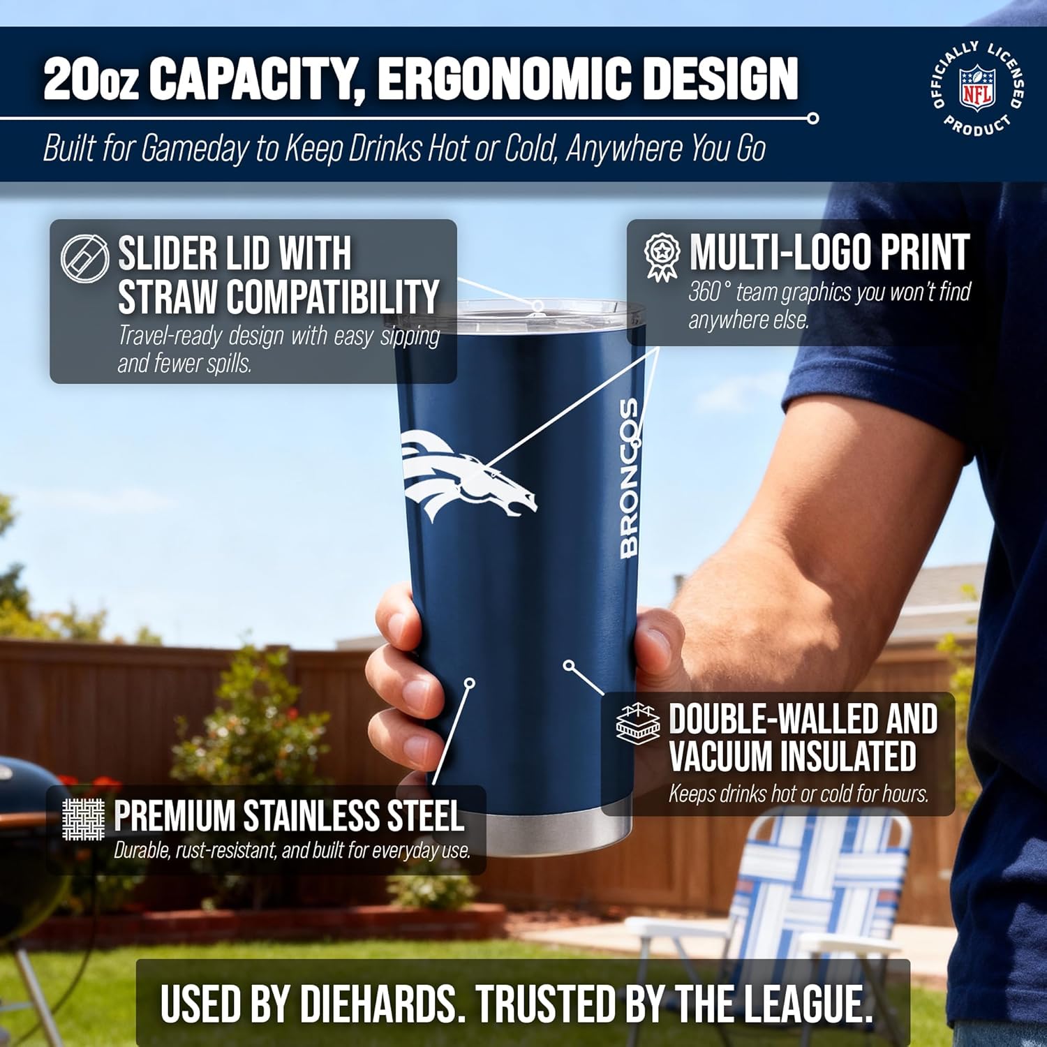 Team Fan Apparel NFL 20oz Gameday Stainless Steel Tumbler, Insulated For Hot & Cold, Slider Lid, On-The-Go Travel, Officially Licensed (Denver Broncos - Carrot Orange) - Image 3