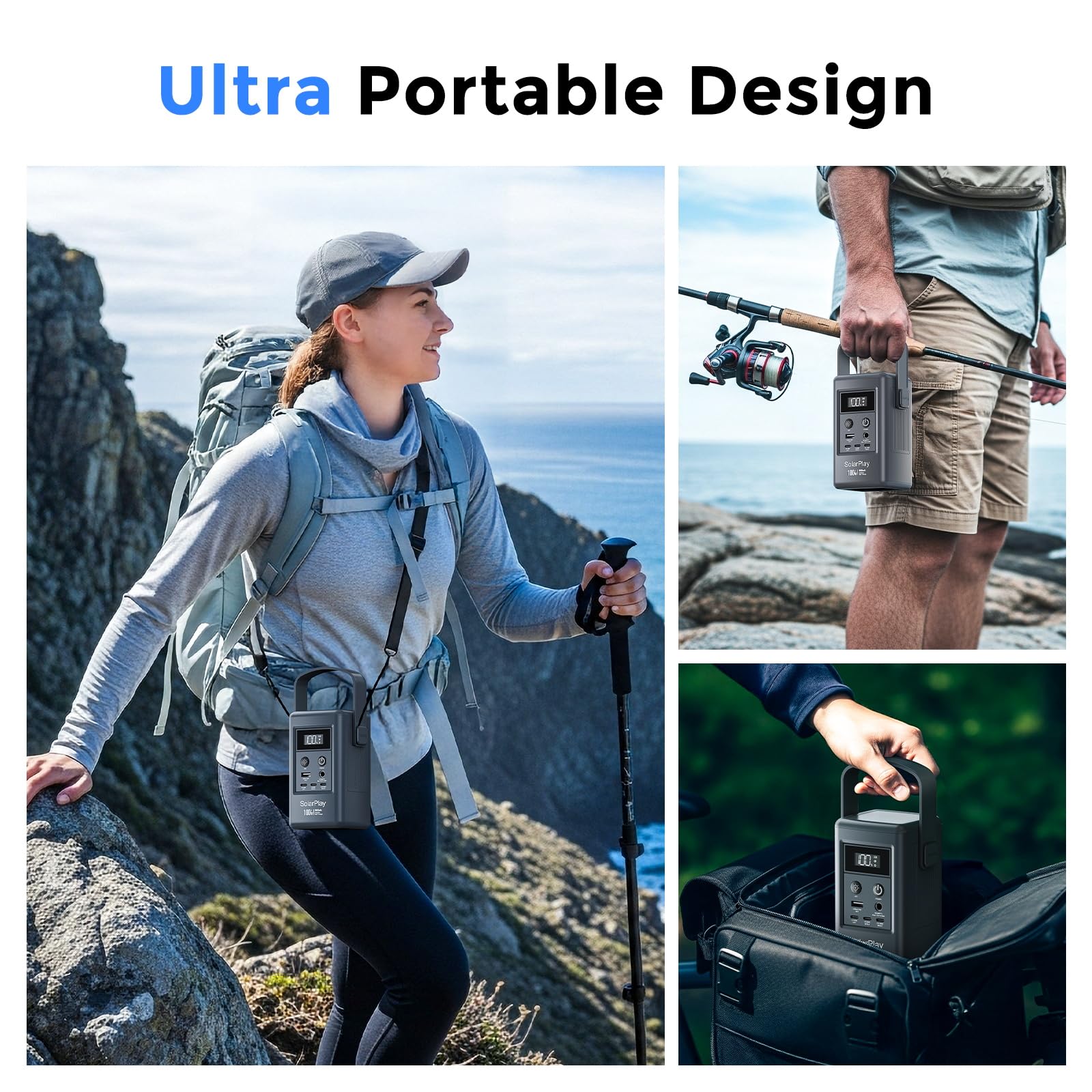 SolarPlay Station d'alimentation Q100 100 W, alimentation portable 96,2 Wh, 4 ports (3 x USB-C et 1 x USB-A), entrée solaire 50 W, batterie externe pour ordinateur portable, camping