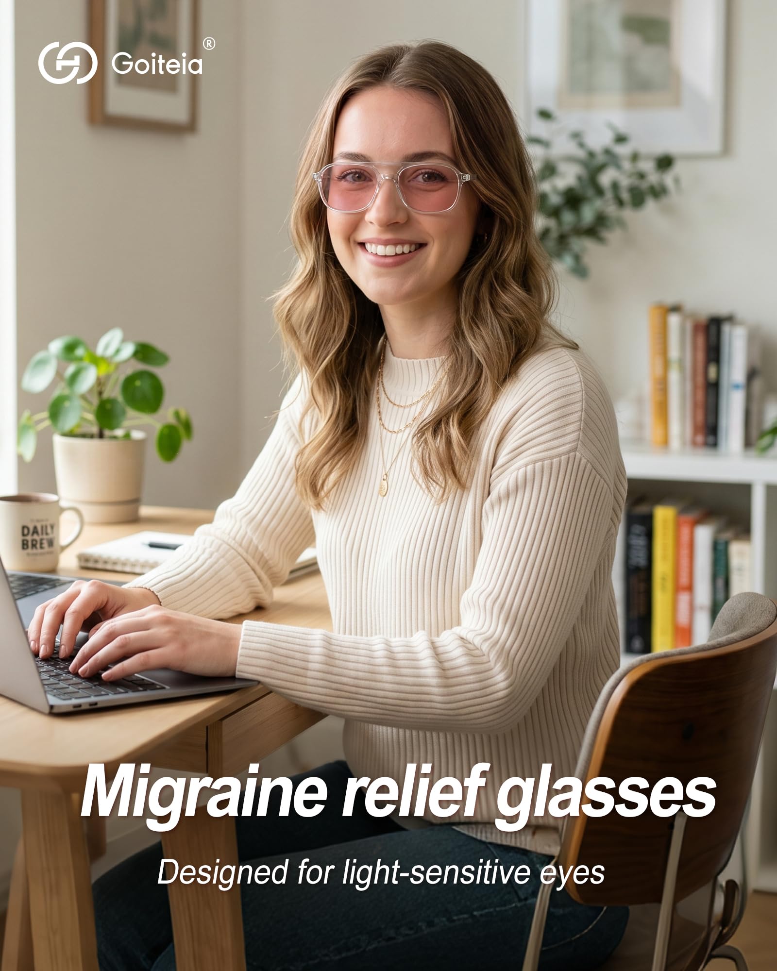 Goiteia FL-Rose - Gafas fotocromáticas antimigraña, protección contra la sensibilidad a la luz, deslumbramiento fluorescente y LED, fotofobia, pantalla de computadora,Bisagras de resorte