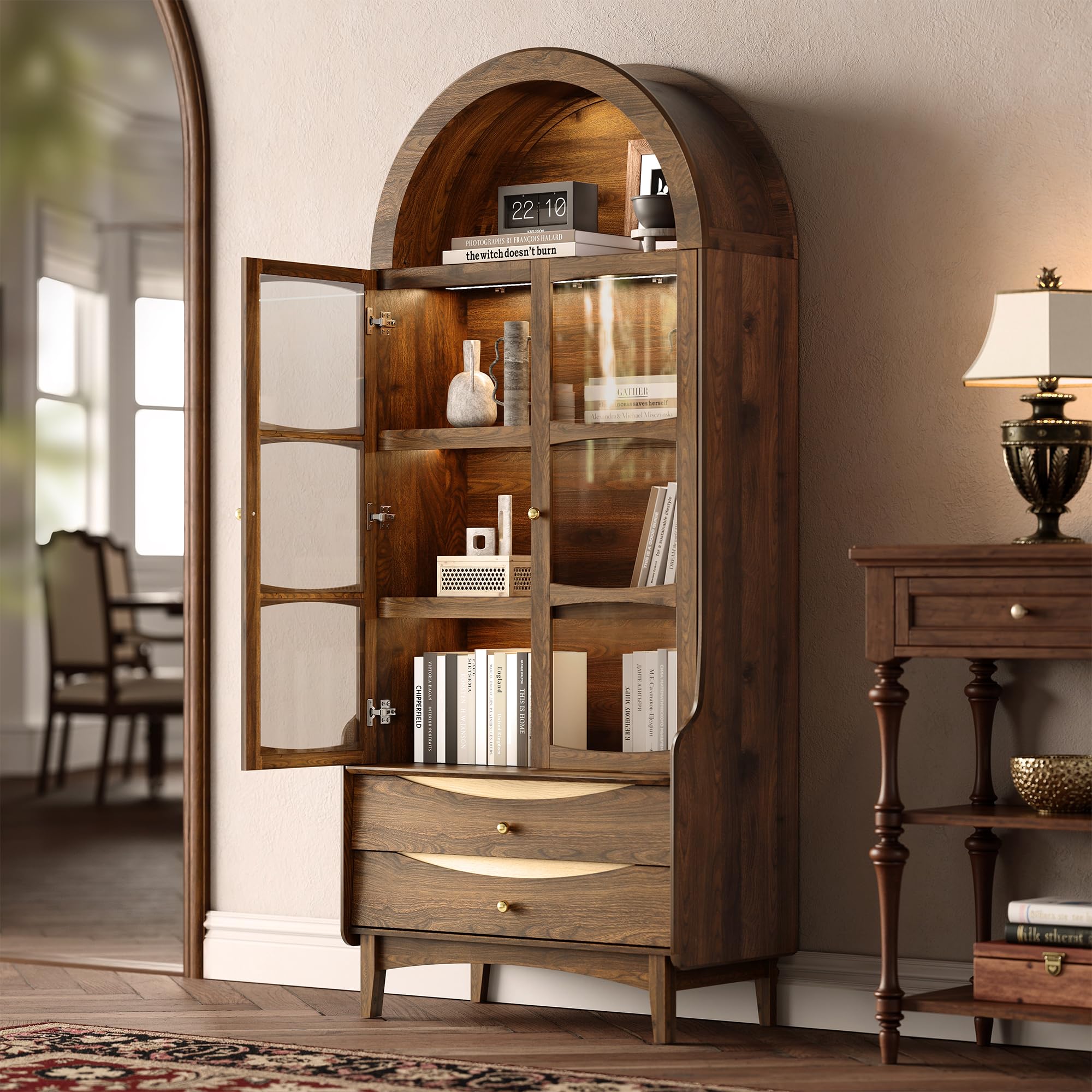 STO'SENSE 74' Tall Arched Bookshelf with LED Lights, 4-Tier Modern Farmhouse Bookcase with Glass Doors and Shelves