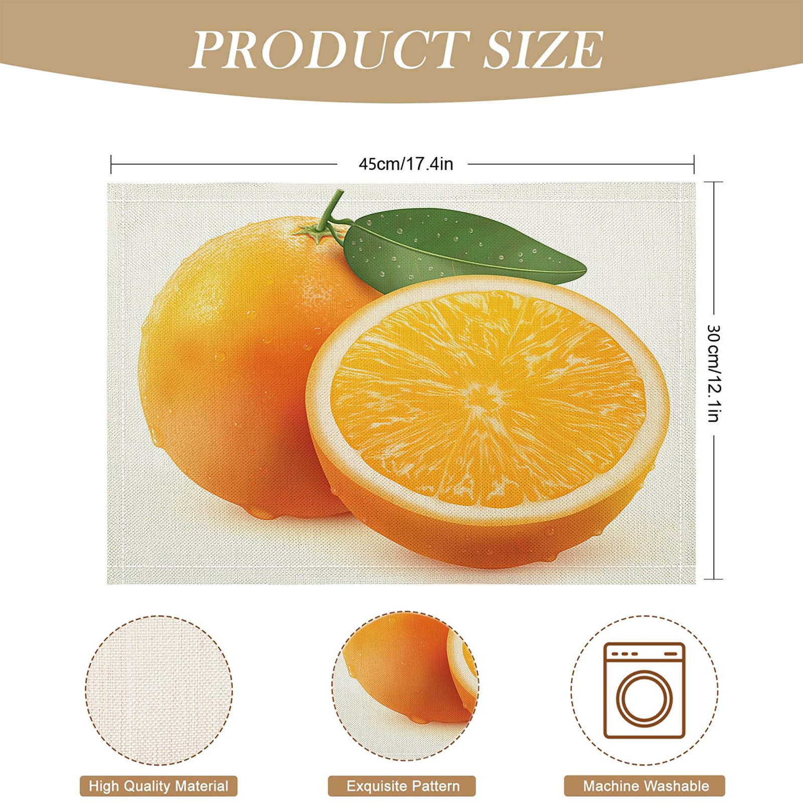 Set di 8 Tovagliette Americane Lavabili Cotone Lino Arte - Tovaglietta Americana Resistenti al Calore Durevole Arancia a metà - per Colazione Pranzo 30×45 cm