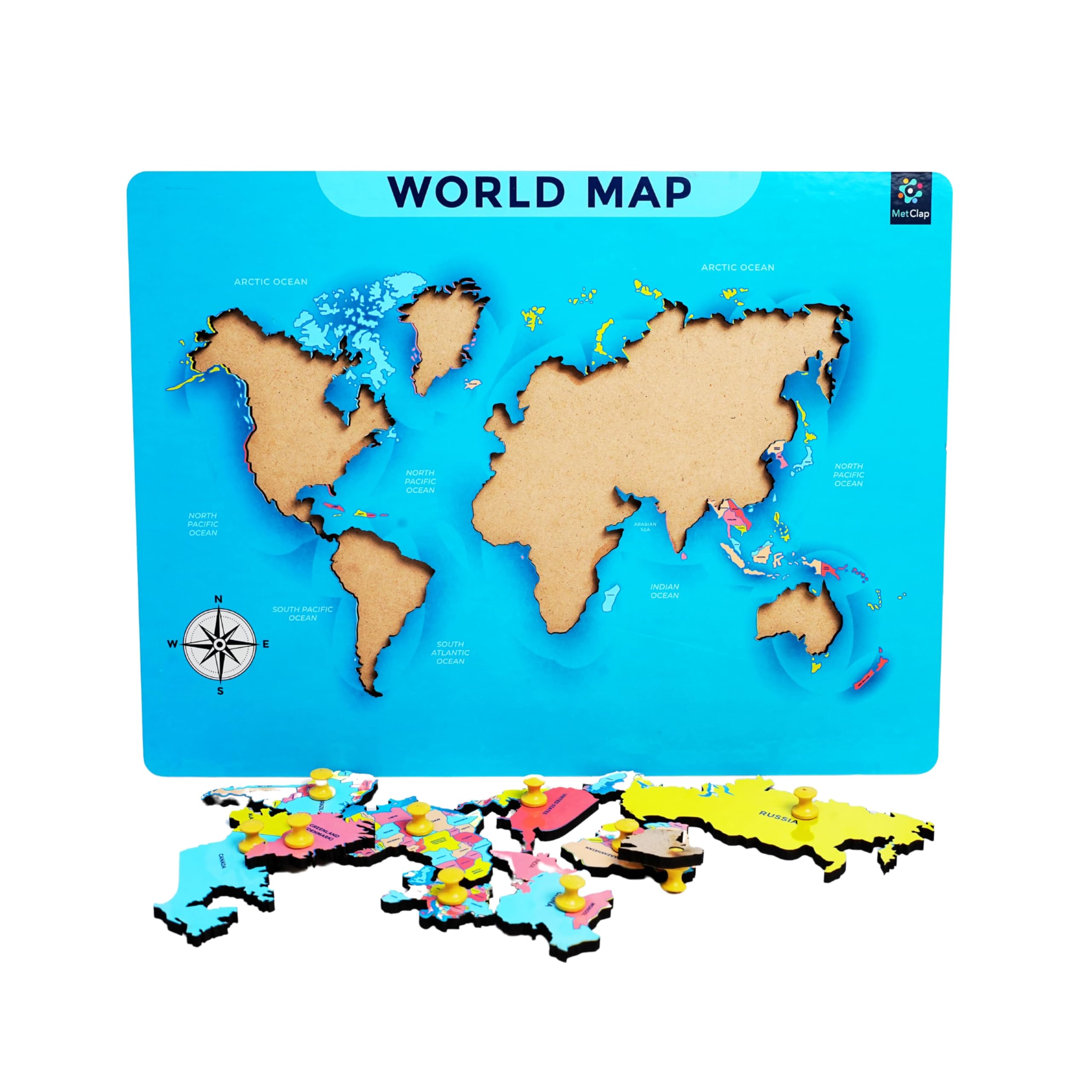 Metclap World Map Wooden Puzzle Tray β Educational Geography Toy for Kids | Learn Continents & Countries | Montessori Learning Tool | Eco-Friendly & Durable | Ideal for Ages 3+ 1