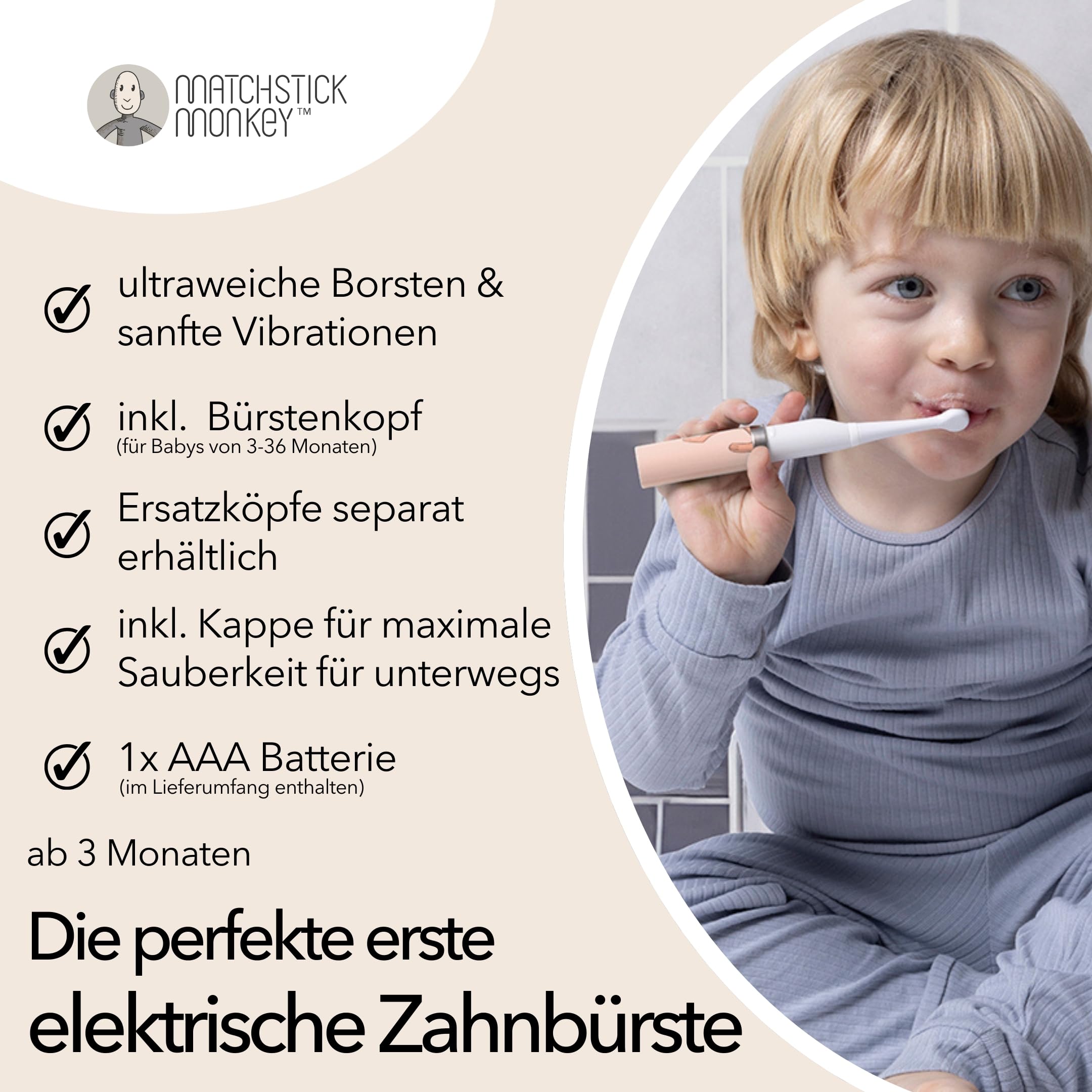 Matchstick Monkey Baby Electric Sonic Toothbrush, Antimicrobial Protection, Suitable from 3 Months, Dusty Pink