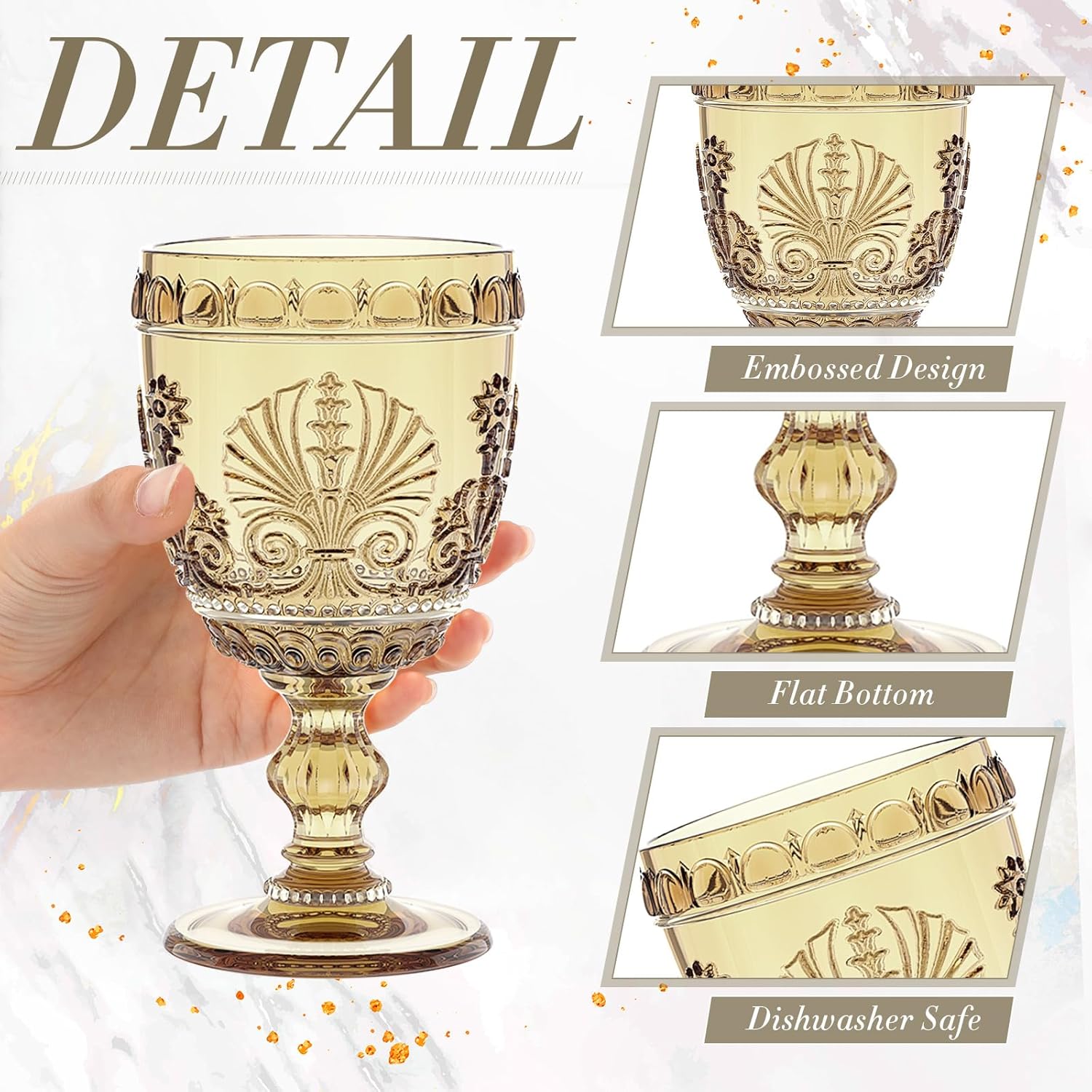 6 Pcs Goblet Glasses 10 oz Wine Glasses, Drinking Glasses Colored Retro Embossed Water Goblets For Wine Juice Baby Shower Wedding Reception Grand Event Party, Dishwasher Safe(Amber)