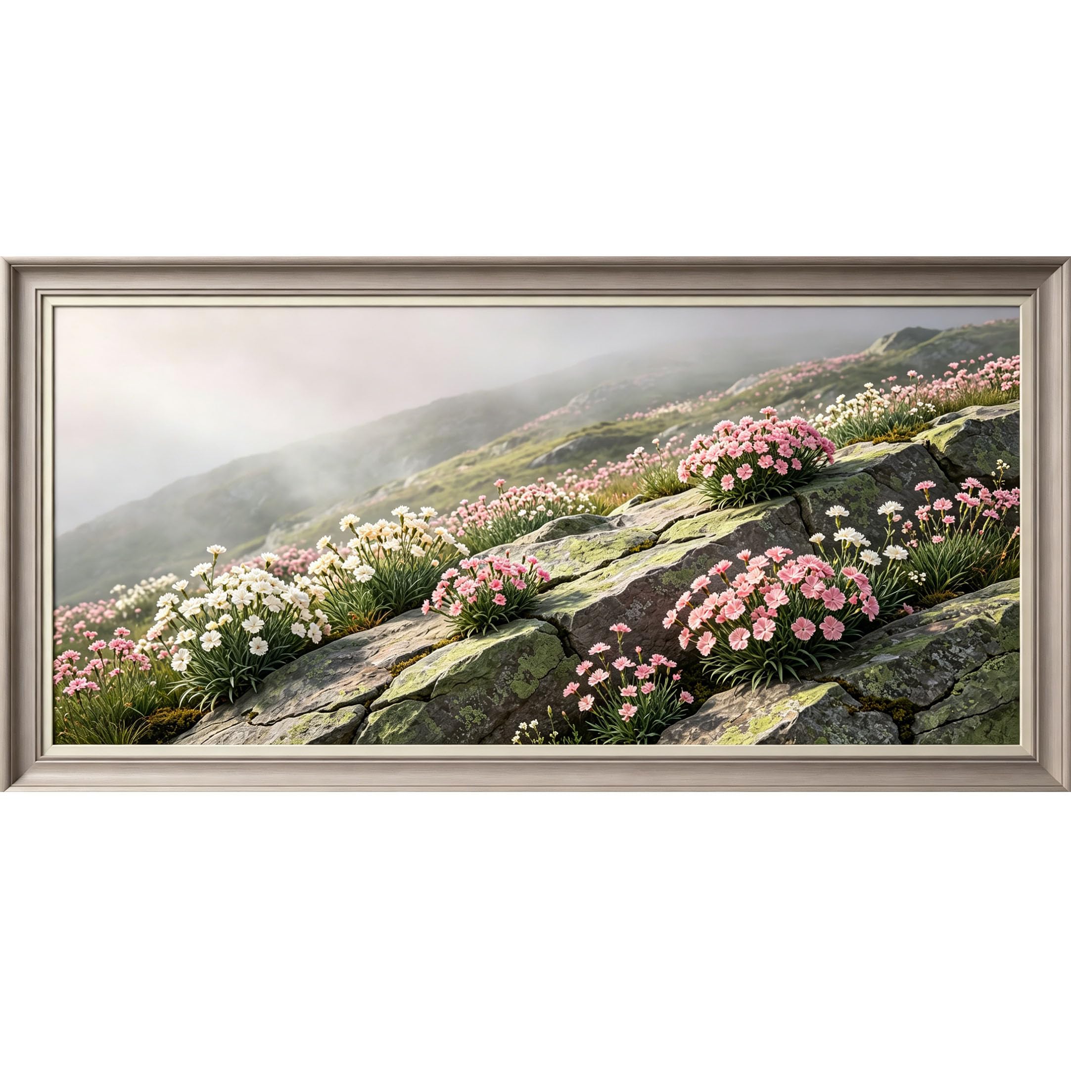 Agglomerix 3D Framed Wall Art Pink White Carnation Flower Mountain Slope Botanical Trompe l'oeil Large Size SelfAdhesive Removable Wall Decor Prints Artwork for Living Room Bedroom Office