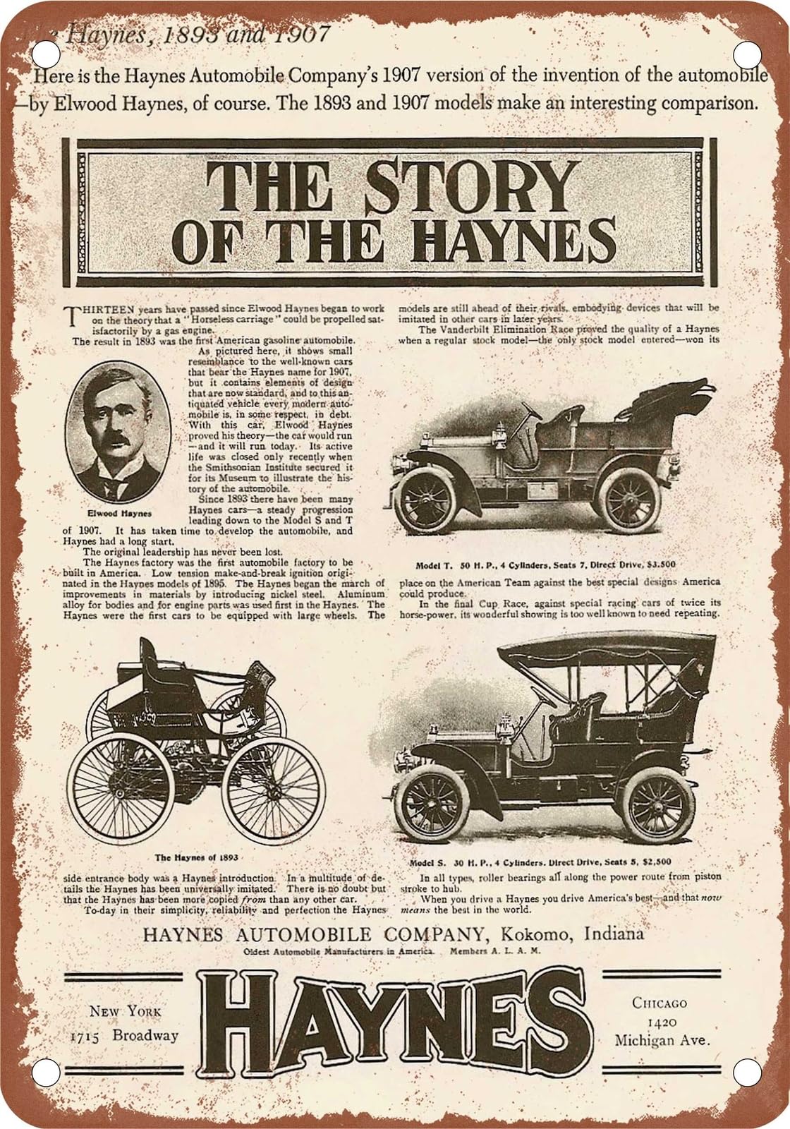 METAL SIGN - 1907 Haynes Vintage Ad 01 - Old Retro Rusty Look home decor
