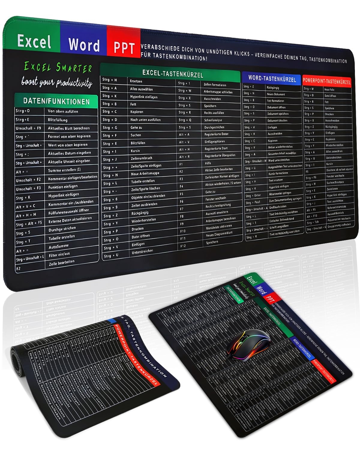 Excel Mauspad Deutsch Groß 800x300mm | Harte & Dicke Oberfläche, Starke Haftung | Glatte Gaming Mousepad XL Schreibtischunterlage für Büro & Zuhause | Erhöht Arbeits- & Spielgeschwindigkeit (German C)