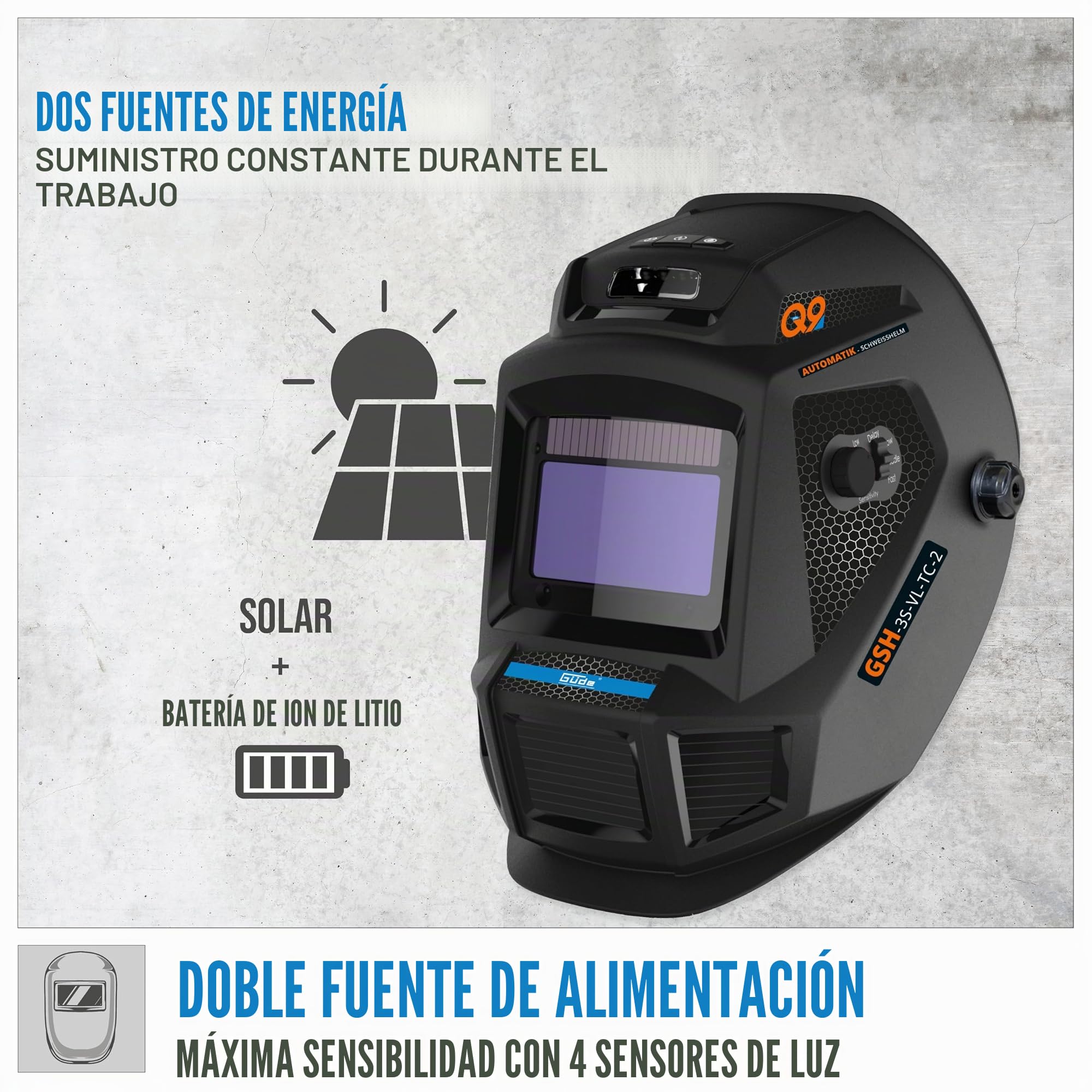 Güde GSH-3S-VL-TC-2 - Casco de soldadura automático (para trabajos de corte/lijado/soldadura, batería solar y de iones de litio, filtro de color verdadero, filtro de oscurecimiento automático (95 x 55