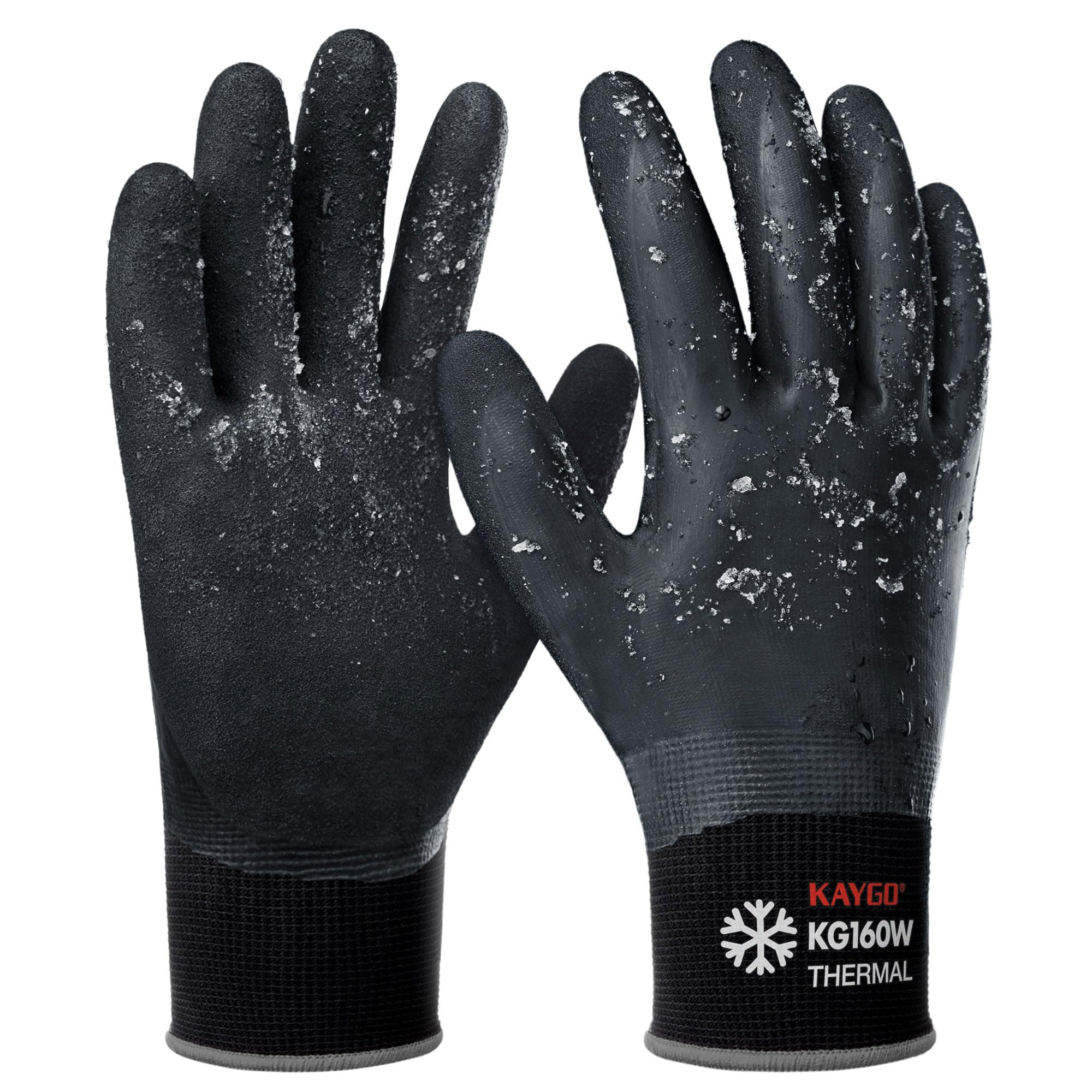 KAYGO Winter Waterproof Work Gloves for Men and Women, Thermal Insulated Freezer Rubber Coated Gloves,Super Grip, KG160 (L, Black)