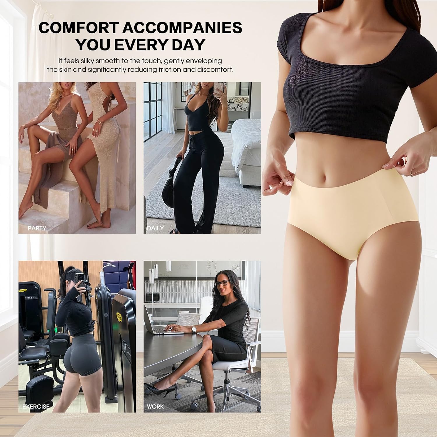 Seamless Mid Waisted Underwear for Women, Full Coverage No Show Briefs, Soft Stretch Panties