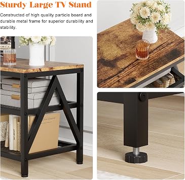 TV Stand for TVs up to 70 Inch, 63 Long Industrial TV Console Table with 3-Tier Storage Shelves, Entertainment Center for Living Room, Bedroom (Brown)