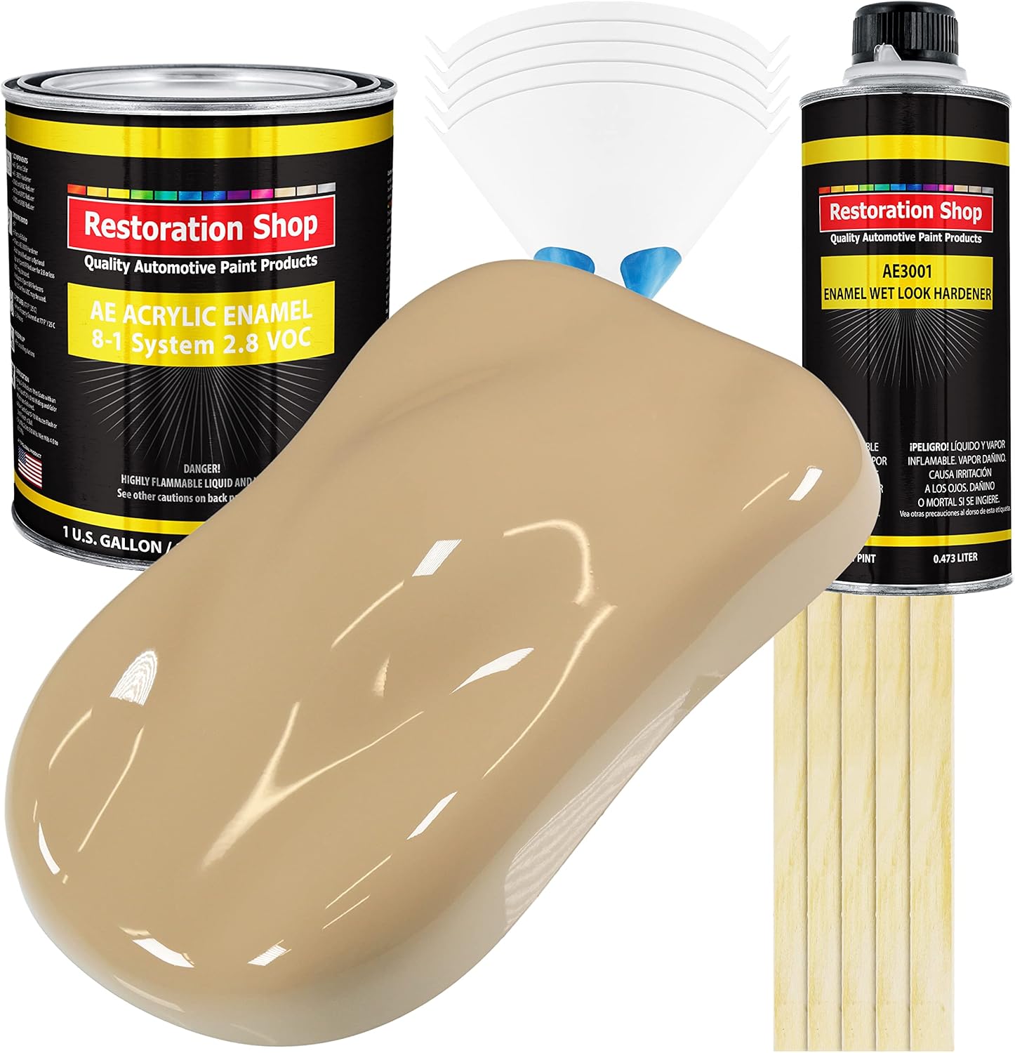 Restoration Shop - Shoreline Beige Acrylic Enamel Auto Paint - Complete Gallon Paint Kit - Professional Single Stage High Gloss Automotive, Car, Truck, Equipment Coating, 8:1 Mix Ratio, 2.8 VOC